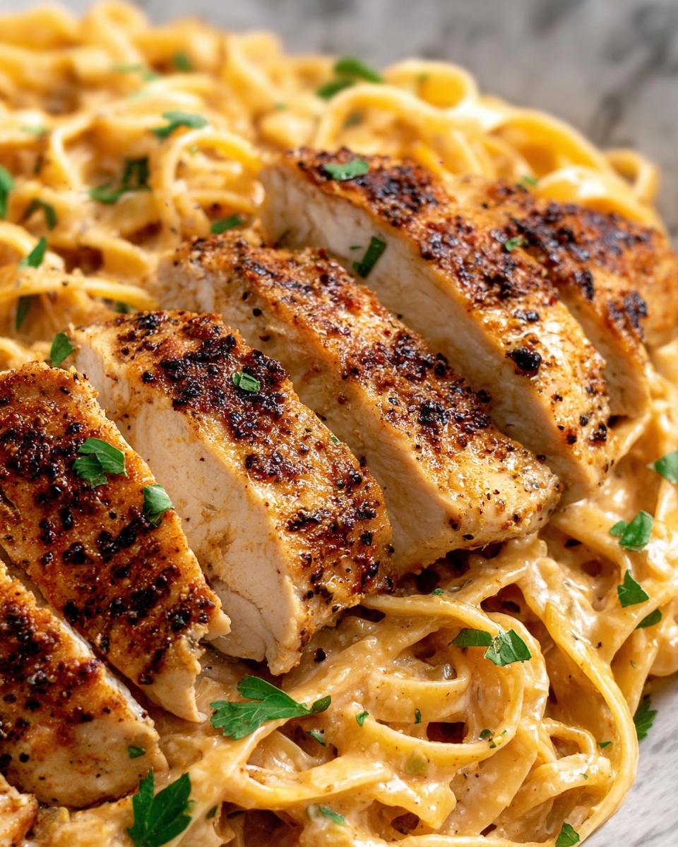 Creamy Cajun Chicken Pasta - A white pan holds a dish with three main layers. The bottom layer is a creamy, light beige sauce covering the whole pan. Above the sauce, there is a nest of flat fettuccine pasta in a light golden color, tangled together. On the top layer, there are several pieces of grilled chicken with a golden-brown, slightly charred surface, arranged evenly around the pan. Small bits of green herbs sprinkle the chicken and pasta, adding a touch of color. The pan rests on a white marbled surface with a blue and white striped cloth beside it. Photo taken with an iphone --ar 2:3 --v 7