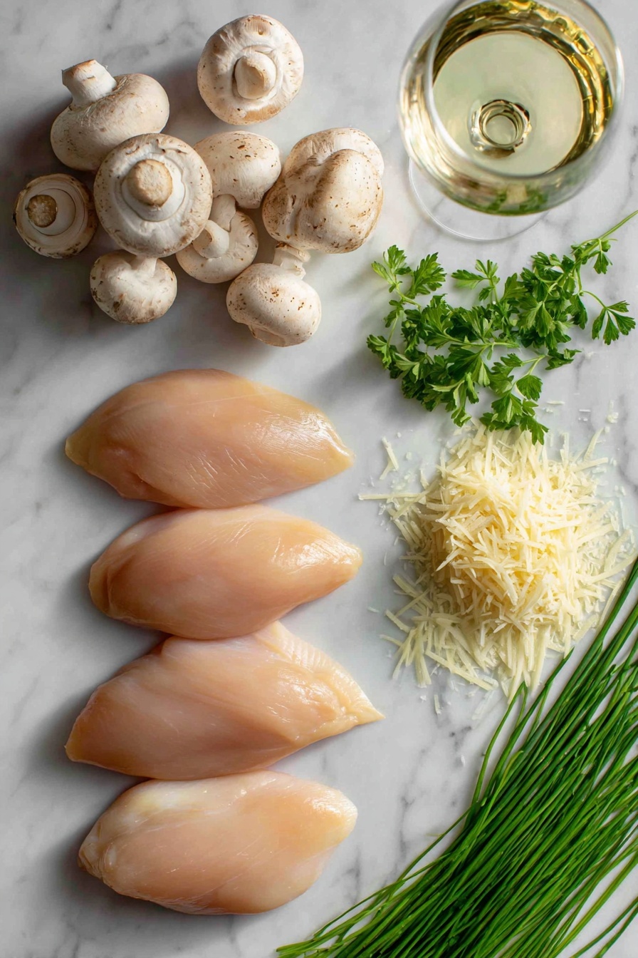 chicken with creamy mushroom - Flat lay of four plump, raw boneless skinless chicken breasts with a pale pink hue next to a cluster of fresh white button mushrooms with smooth caps, bright green sprigs of parsley and slender chives adding vibrant contrast, three garlic cloves with papery white skins slightly cracked open, a small pile of finely grated Parmesan cheese showing soft, pale yellow shreds, a wedge of lemon with bright yellow rind and juicy interior, and a few glossy green olive oil olives scattered gently, all arranged naturally with soft shadows and textures visible, placed on white marbled surface, photo taken with an iphone --ar 2:3 --v 7