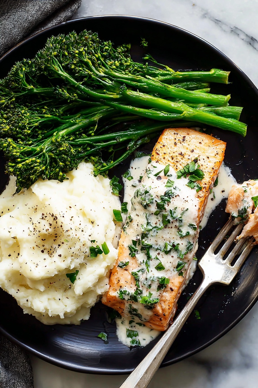 Creamy Garlic Butter Salmon - A close-up view of two cooked salmon fillets with a crispy golden-brown surface, lying flat in a white creamy sauce inside a pan. The sauce is being poured over the fillet from a spoon above, showing a smooth, thick texture with green herbs scattered throughout. Small chopped green parsley leaves and black pepper bits are sprinkled over the salmon and the sauce, adding color contrast. The background shows the dark edge of the pan, and the base beneath the pan is a white marbled texture. Photo taken with an iphone --ar 2:3 --v 7