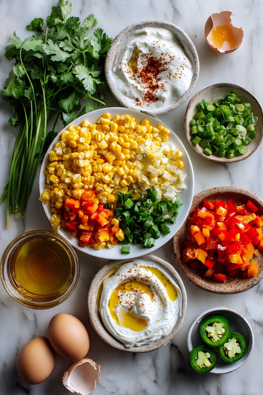 Flat lay of bright yellow cooked corn kernels, vibrant red and orange finely chopped bell peppers, fresh green cilantro sprigs, sliced green onions, small halves of fresh jalapeños with seeds removed, smooth white Greek yogurt dollops swirled with olive oil, a drizzle of golden honey, and cracked open brown eggshells, all beautifully arranged with a sprinkle of smoked paprika powder and minced garlic cloves, placed on a white marble surface, photo taken with an iphone --ar 2:3 --v 7