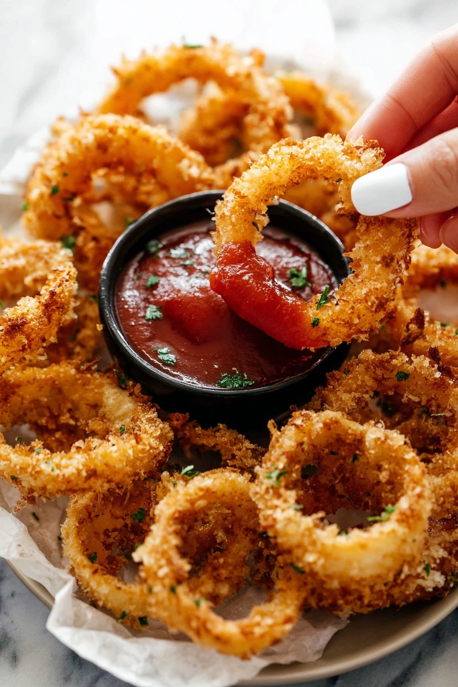 A close-up image of a white round plate lined with white parchment paper filled with many golden-brown crispy onion rings with a rough texture, arranged loosely. In the center of the plate, there is a small black bowl filled with thick red ketchup garnished with small green herb bits. A woman's hand with white nail polish is holding one onion ring, dipping it into the ketchup, with the ring partially submerged. The background is a white marbled surface. photo taken with an iphone --ar 2:3 --v 7
