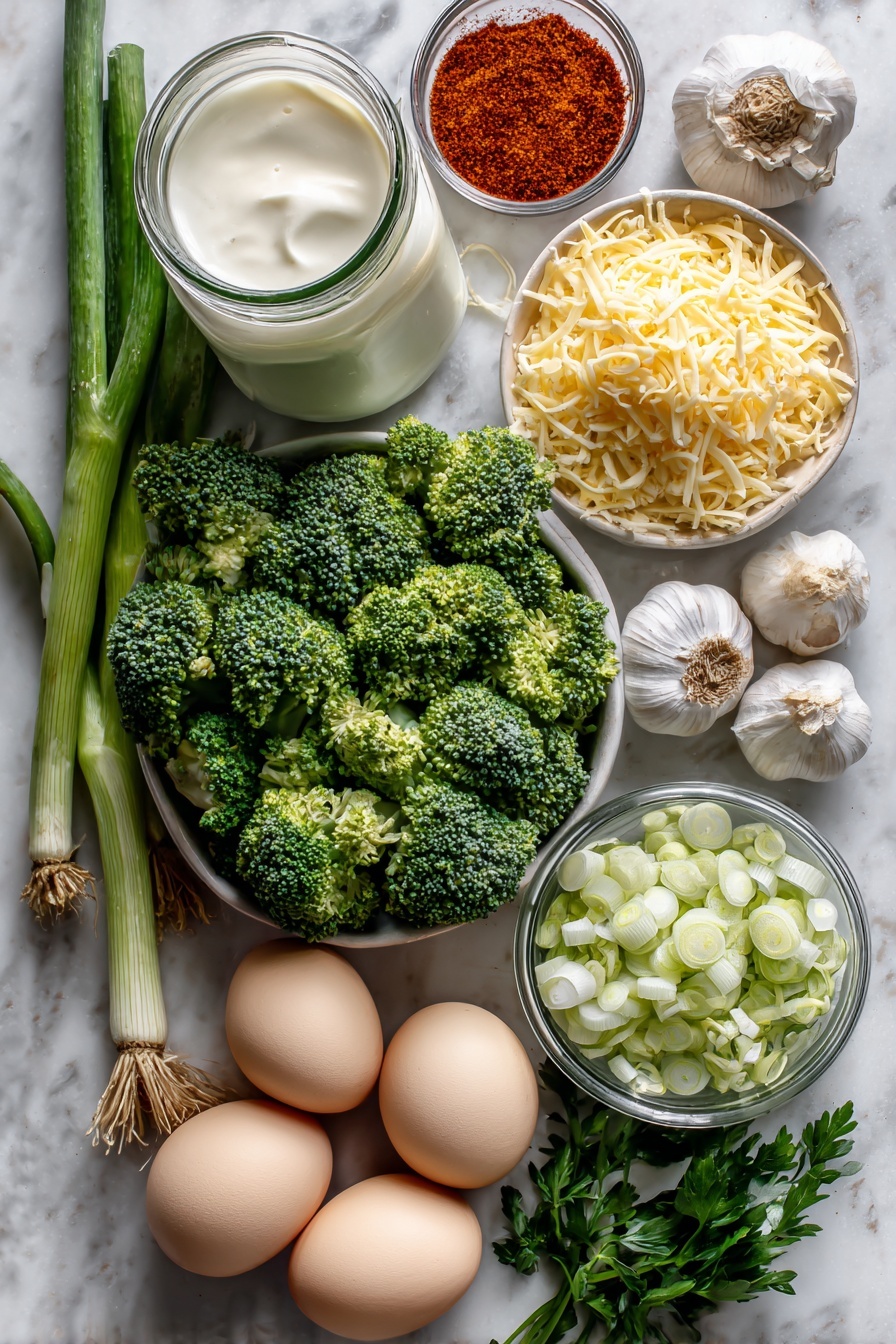 Flat lay of bright green chopped broccoli florets, vibrant white and purple scallions sliced thin, a handful of fresh green parsley sprigs, golden shredded cheddar cheese piled loosely, two garlic cloves whole and unpeeled, smooth light yellow whole eggs, a small glass jar of creamy heavy cream, and a sprinkling of reddish smoked paprika powder, all beautifully arranged on a white marble surface, photo taken with an iphone --ar 2:3 --v 7