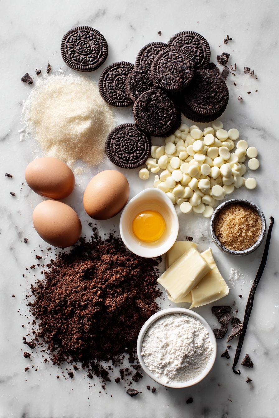Flat lay of coarsely crushed Oreo cookies, whole Oreo cookies, white chocolate chips, softened butter, brown sugar crystals, granulated sugar, whole eggs, vanilla bean pod, and a small pile of all-purpose flour, all beautifully arranged in an artistic spread with natural light highlighting their textures, placed on a white marble surface, photo taken with an iphone --ar 2:3 --v 7