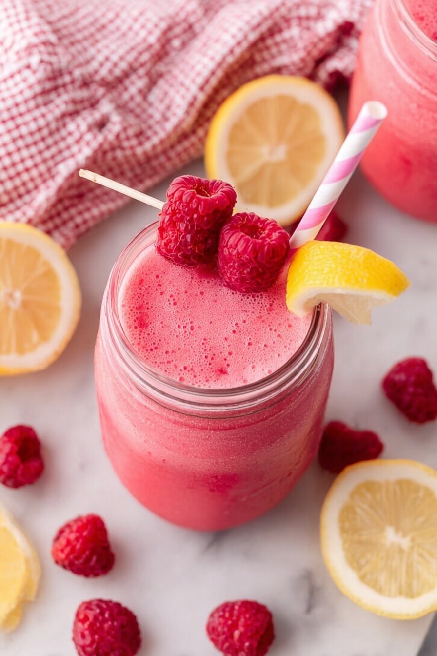 This image shows a bright pink smoothie in a clear glass jar, filled to the top with a thick, frothy texture. On top of the smoothie, there is a skewer with three red raspberries, lying across the glass opening, along with a thin yellow lemon slice tucked under the skewer. A pink and white striped paper straw is placed in the jar on one side. Around the jar, you can see extra raspberries and lemon slices scattered on a white marbled surface. A white jar with another pink smoothie and a folded red and white checkered cloth napkin are nearby. photo taken with an iphone --ar 2:3 --v 7