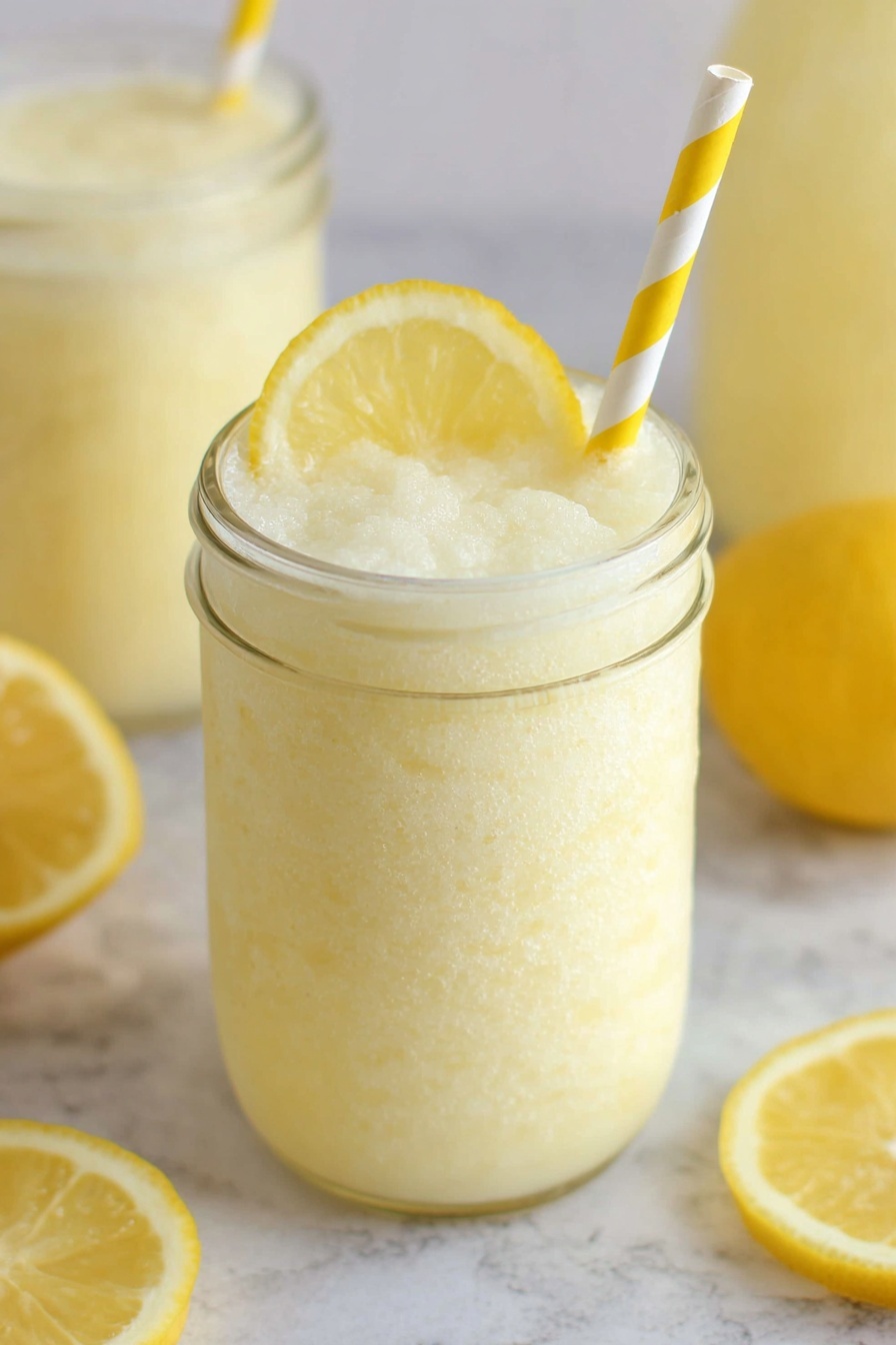 A clear glass jar filled with a frothy, pale yellow smoothie with a slightly creamy texture. On top of the smoothie is a thin slice of lemon placed on the rim of the jar. A yellow and white striped paper straw is inserted through the lemon slice into the drink. The background and surface show a white marbled texture, and there are blurred glass jars and lemon slices around the main jar. photo taken with an iphone --ar 2:3 --v 7