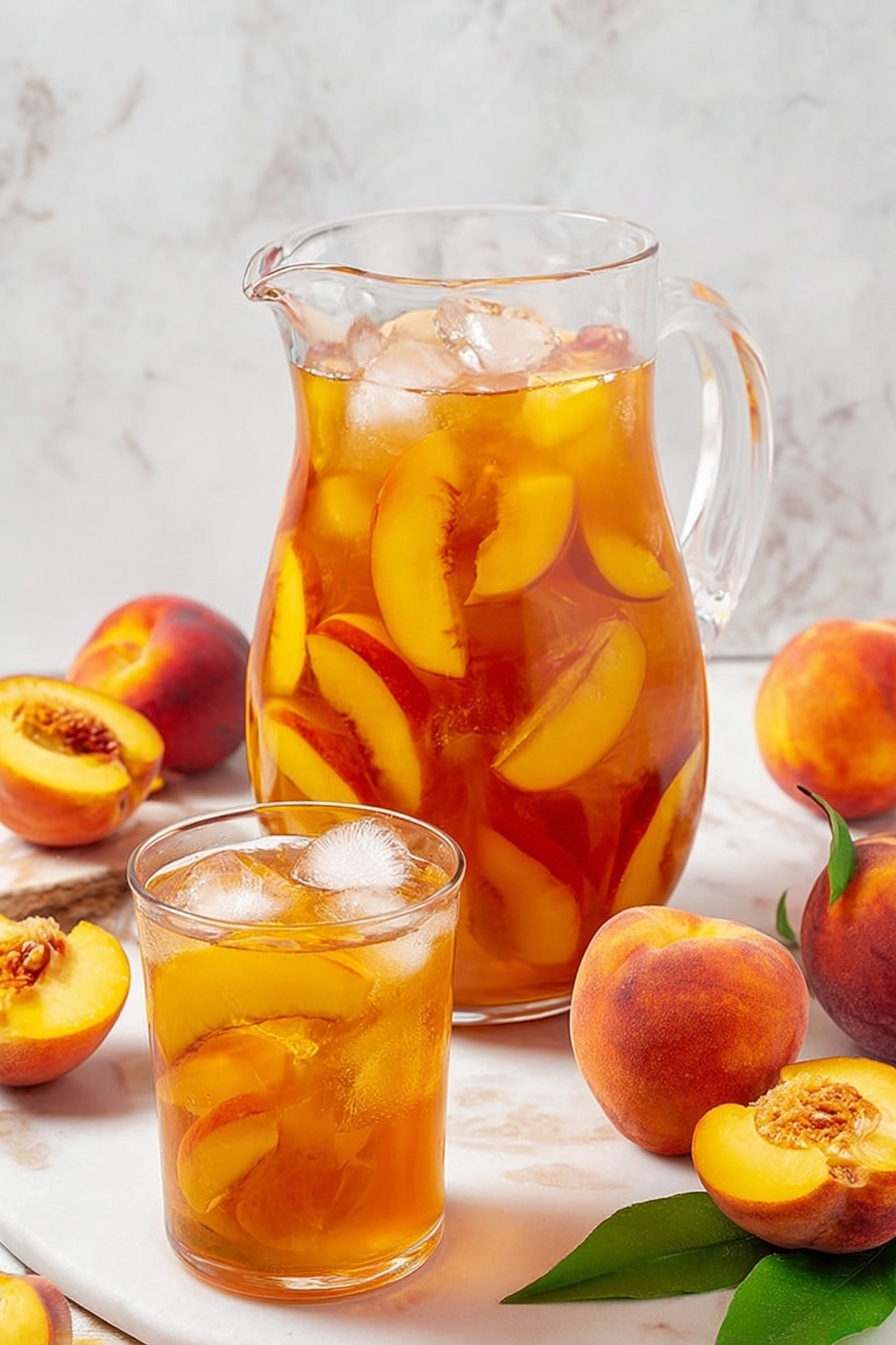 A clear glass pitcher is filled with iced peach tea, with many bright yellow-orange peach slices floating inside. Large ice cubes sit on top, keeping the drink cold. Near the pitcher, a tall clear glass is also filled with the same iced peach tea and peach slices. Whole peaches and peach halves with their pits visible are placed around on a white marbled surface. Some green leaves add a touch of color in the corner. The scene is bright and fresh, with the white marbled background making the warm colors of the peaches and tea stand out. Photo taken with an iphone --ar 2:3 --v 7