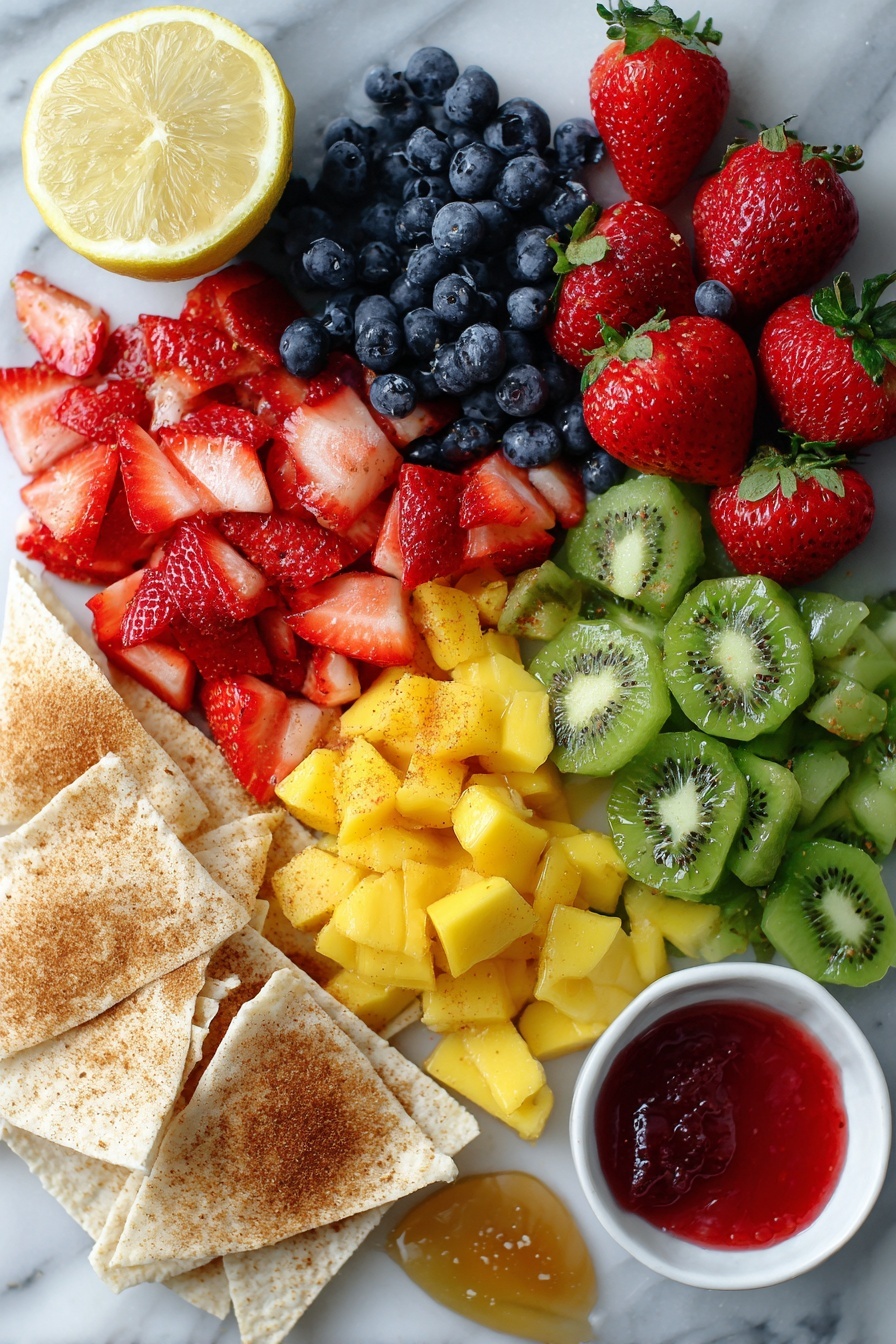 Flat lay of sliced ripe strawberries, peeled and diced mango chunks, vibrant green kiwi pieces, plump fresh blueberries, golden cinnamon sugar sprinkled flour tortilla chips, a small drizzle of honey, a smear of red strawberry preserves, and a wedge of fresh lemon, all beautifully arranged in a colorful and inviting composition placed on a white marble surface, photo taken with an iphone --ar 2:3 --v 7