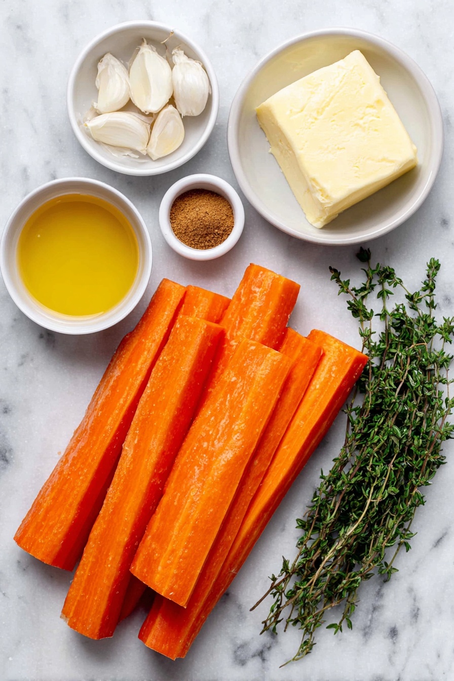 Flat lay of fresh whole peeled carrots sliced diagonally into thick pieces, a small white bowl of golden honey, three whole uncracked garlic cloves, a small white bowl with melted butter, a small white bowl with olive oil, a small white bowl containing ground cinnamon powder, a small white bowl with ground ginger powder, a small white bowl of salt, a small white bowl of black pepper, and a few sprigs of fresh parsley and thyme neatly arranged, all placed on a clean white marble surface, soft natural light, photo taken with an iPhone, professional food photography style, fresh ingredients, white ceramic bowls, no bottles, no duplicates, no utensils, no packaging --ar 2:3 --v 7 --p awthu7i m7354615311229779997