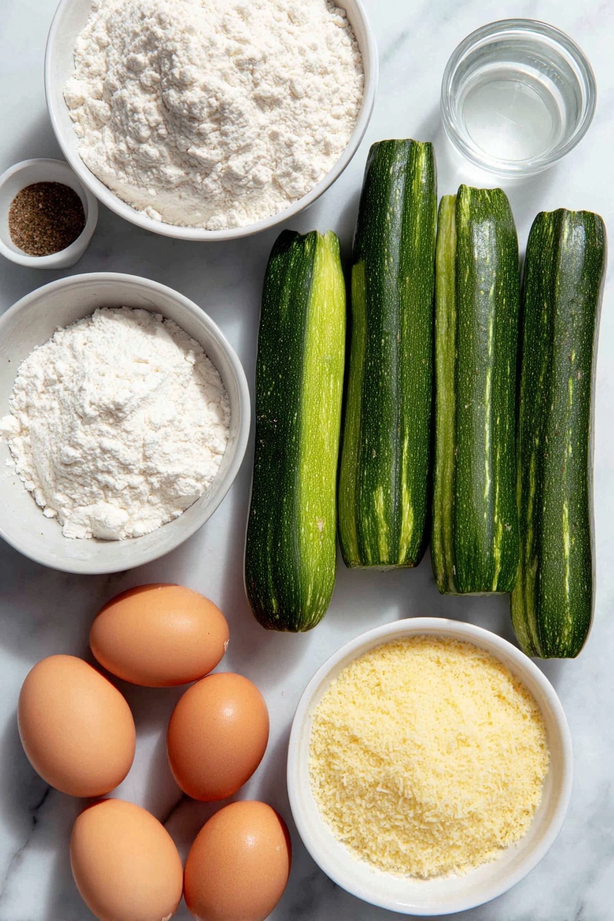 Flat lay of two medium fresh zucchini cut into 3 inch by ½ inch sticks arranged neatly, a small white ceramic bowl of all-purpose flour, a small white ceramic bowl containing a mix of Italian seasoning, salt, and black pepper, two large whole uncracked brown eggs, a small white ceramic bowl with clear water, a small white ceramic bowl filled with golden Italian breadcrumbs mixed with finely grated parmesan cheese, placed on a clean white marble surface, soft natural light, photo taken with an iPhone, professional food photography style, fresh ingredients, white ceramic bowls, no bottles, no duplicates, no utensils, no packaging --ar 2:3 --v 7 --p awthu7i m7354615311229779997
