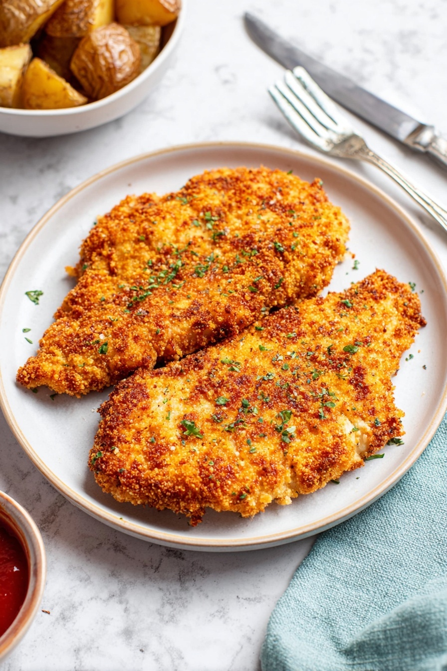 Two pieces of crispy golden breaded chicken lie flat on a round white plate. The chicken has a crunchy texture with a mix of light and darker golden brown shades, sprinkled with small green herbs on top. The plate sits on a white marbled surface. To the top right of the plate, there is a silver knife and fork resting beside a light blue-green cloth napkin. Part of another white bowl filled with roasted potatoes is faintly visible at the top left corner. A small bowl with red dipping sauce can be seen at the bottom left edge of the image. Photo taken with an iphone --ar 2:3 --v 7