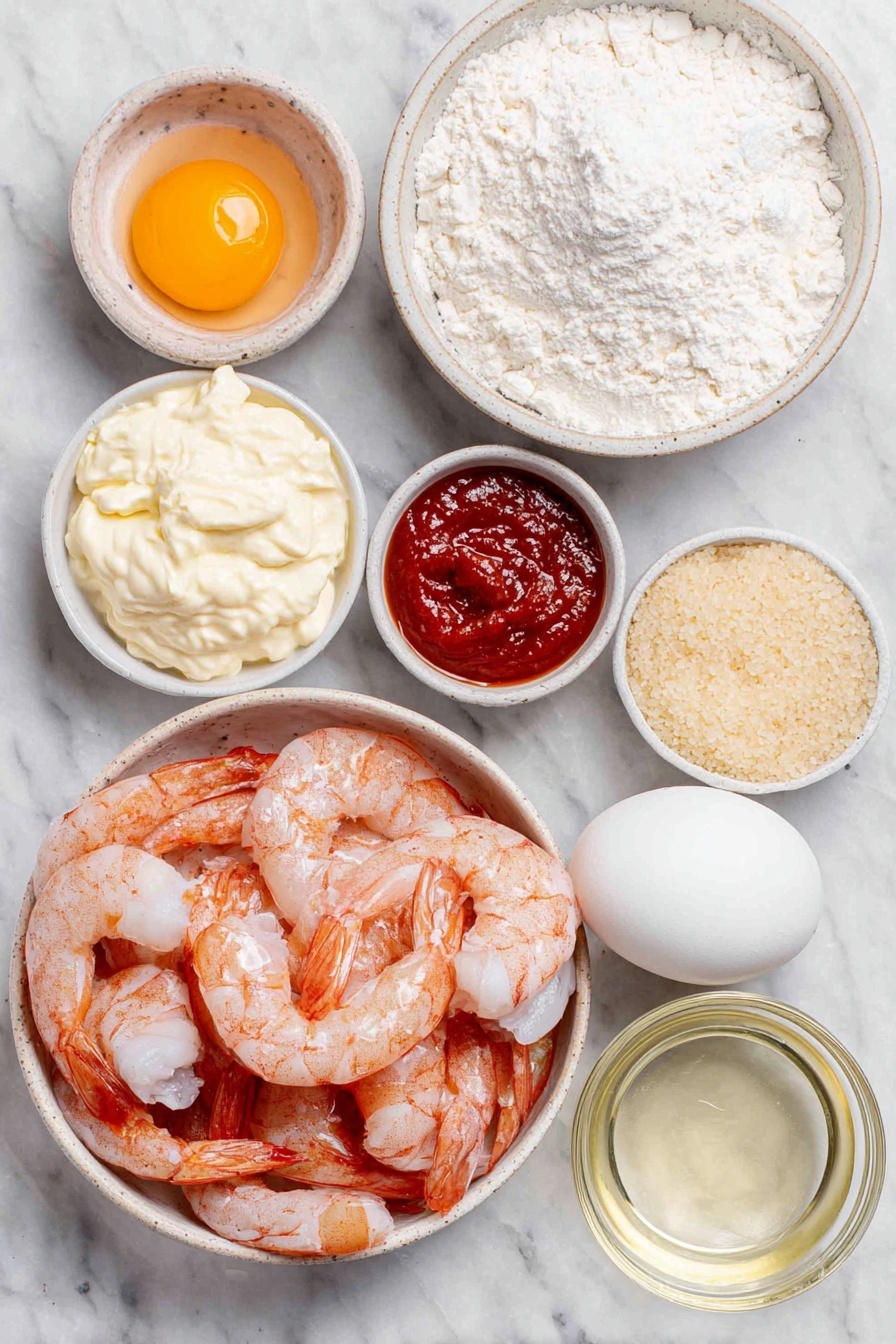 Flat lay of raw, pink shelled and deveined shrimp, a small bowl of creamy white mayonnaise, a small bowl of glossy bright red Thai sweet chili sauce, a tiny bowl of deep orange Sriracha, a fresh whole white egg with a clean shell, a small bowl of smooth white buttermilk, a small bowl filled with fine pale yellow cornstarch, and a small bowl of clear vegetable oil, all arranged in perfect symmetry on simple white ceramic bowls placed on a clean white marble surface, soft natural light, photo taken with an iPhone, professional food photography style, fresh ingredients, white ceramic bowls, no bottles, no duplicates, no utensils, no packaging --ar 2:3 --v 7 --p awthu7i m7354615311229779997