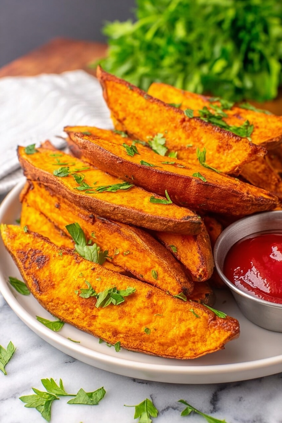 The image shows a stack of orange roasted sweet potato wedges arranged on a white plate, each wedge displaying a crispy, browned edge and a soft, slightly textured orange inside. Fresh green parsley is sprinkled over the wedges, adding a contrast of color and freshness. On the right side of the plate, there is a small metal container filled with red ketchup. The plate is set on a white marbled surface with some scattered parsley leaves around, and in the background, there is a blurred bunch of fresh green parsley. photo taken with an iphone --ar 2:3 --v 7