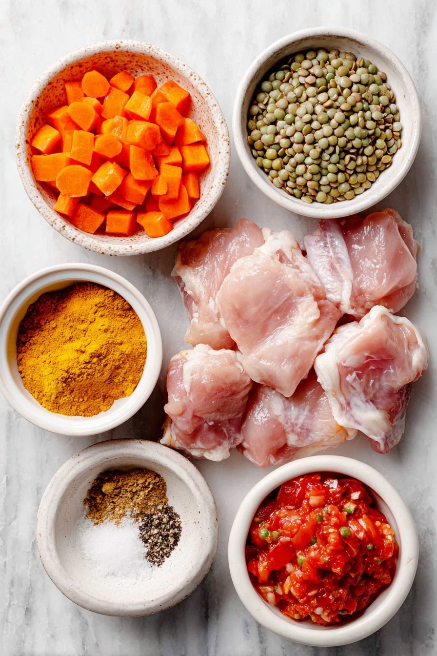 Flat lay of dried green lentils in a small pile, raw boneless skinless chicken thighs arranged neatly, diced fresh orange carrots in a small white bowl, a small white bowl filled with bright red diced tomatoes, a small white bowl holding golden yellow turmeric powder, another small white bowl with light brown ground cumin, a small white bowl containing coarse kosher salt and black peppercorns mixed, and a small white bowl of greenish sofrito sauce, placed on a clean white marble surface, soft natural light, photo taken with an iPhone, professional food photography style, fresh ingredients, white ceramic bowls, no bottles, no duplicates, no utensils, no packaging --ar 2:3 --v 7 --p awthu7i m7354615311229779997