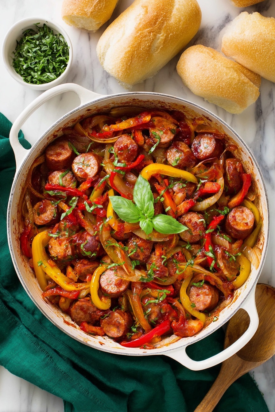 A white pan filled with slices of browned sausage mixed with strips of yellow and red bell peppers and softened white onions, all coated in a rich red sauce with fresh green herbs sprinkled on top, including basil leaves placed in the center. The pan sits on a green cloth on a white marbled surface surrounded by four light brown bread rolls, a wooden spoon, and a small white bowl with chopped green herbs. Photo taken with an iphone --ar 2:3 --v 7