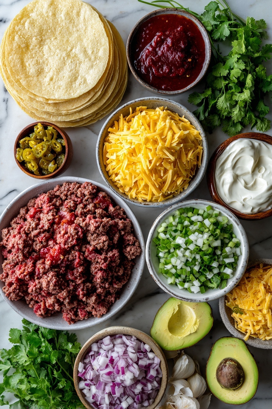 Beef Enchiladas - Flat lay of fresh ground beef with a rich red tone, diced yellow onion showing crisp white and pale yellow layers, cloves of garlic with papery white skin, bright green diced chiles with a glossy texture, vibrant red tomato paste smoothed in a small dollop, a pile of shredded Mexican cheese blend with creamy white, orange, and yellow hues, ripe avocado halves revealing smooth pale green flesh and dark skin, fresh cilantro sprigs with delicate bright green leaves, and colorful pico de gallo with red tomatoes, green jalapeños, and white onions, placed on white marbled surface, photo taken with an iphone --ar 2:3 --v 7