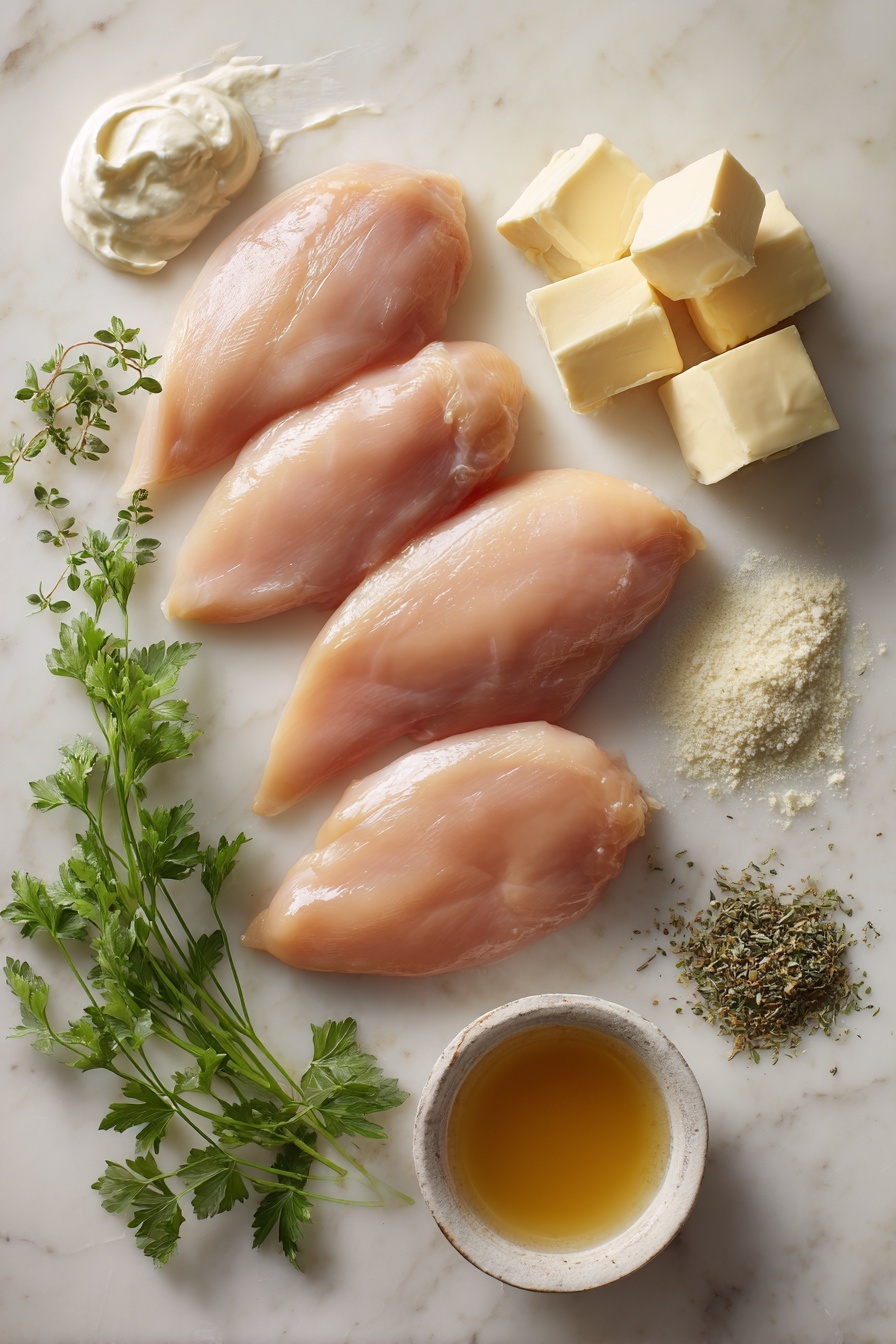 Creamy Cajun Chicken Pasta - Flat lay of fresh boneless, skinless chicken breasts seasoned with reddish-orange Cajun spices and smoked paprika, bright green parsley sprigs finely chopped, creamy white heavy cream in a smooth pour, deep red tomato paste dollop, peeled and slightly crushed garlic cloves with a creamy off-white tone, glossy lemon halves showing vibrant yellow pulp, and freshly grated Parmesan cheese with fine, snowy white texture, all arranged naturally with slight overlaps and shadows to highlight their freshness and colors, placed on white marbled surface, photo taken with an iphone --ar 2:3 --v 7