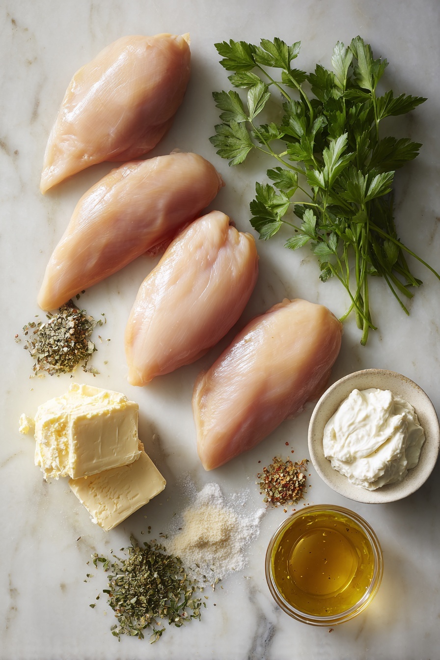 Creamy Ranch Chicken - Flat lay of four fresh boneless, skinless chicken breasts with smooth pinkish-white flesh, a small bunch of bright green fresh parsley with delicate leaves, a golden pat of creamy butter with a soft texture, a small pile of fine white flour, a glass of creamy white sour cream with a glossy surface, a cup filled with clear, light amber chicken broth, a small bowl of rich white milk, and scattered pale beige dried Italian herbs and ranch seasoning powder with a slightly granular texture, all beautifully arranged in a natural, balanced composition, placed on white marbled surface, photo taken with an iphone --ar 2:3 --v 7