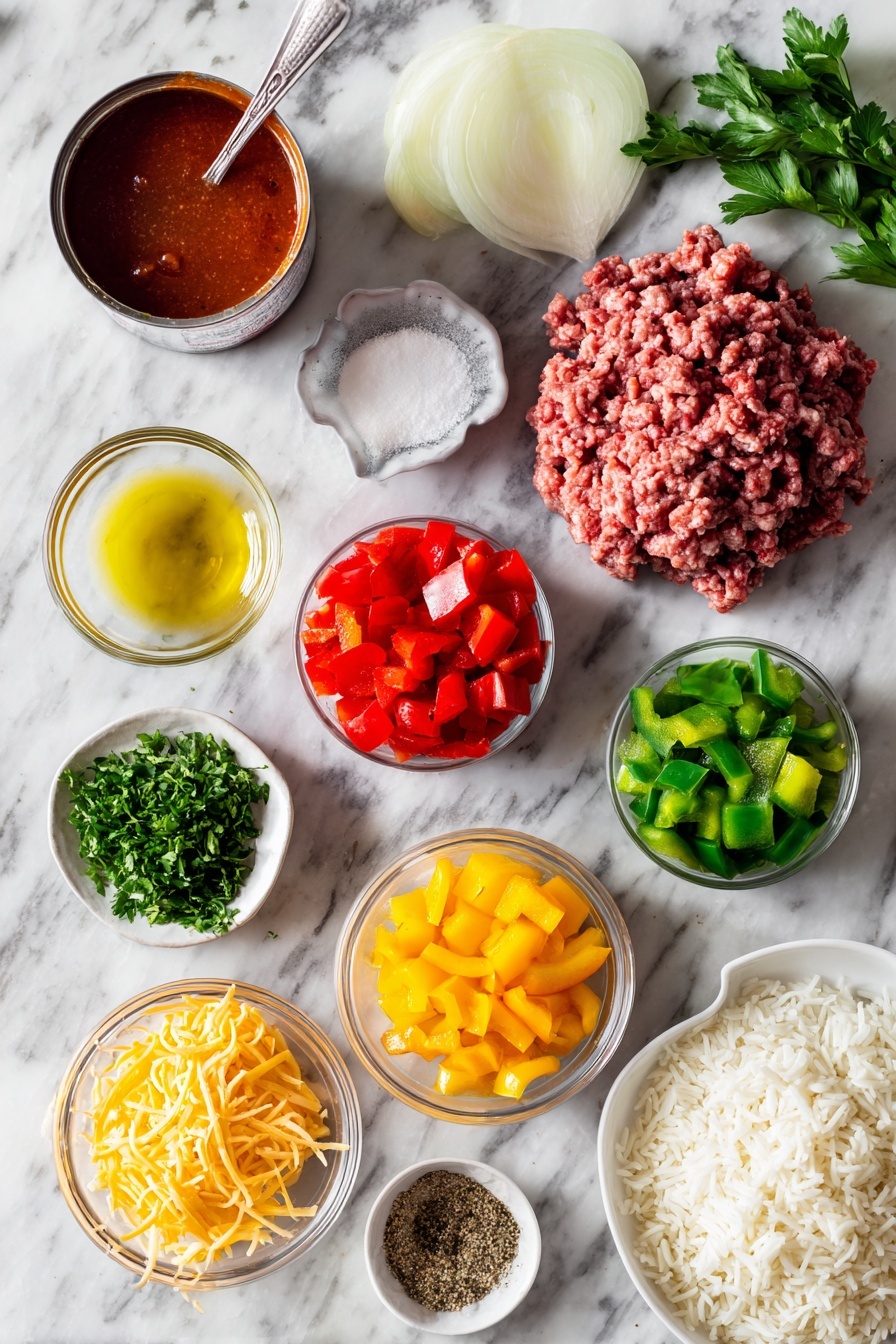 Flat lay of a small mound of lean ground beef, a small dish of golden olive oil, half a diced yellow onion, two minced garlic cloves, one red bell pepper and one green bell pepper finely chopped, two cans of diced tomatoes opened with some spilling out, a can of rich tomato sauce with a spoon resting inside, a clear glass cup filled with beef broth, a small bowl of Worcestershire sauce, a teaspoon of sugar in a tiny dish, a small pile of Italian seasoning herbs, a pinch of salt and pepper in small bowls, a heap of cooked white rice, a bunch of fresh chopped Italian parsley, and a small pile of shredded cheddar cheese placed on a white marble surface, photo taken with an iphone --ar 2:3 --v 7