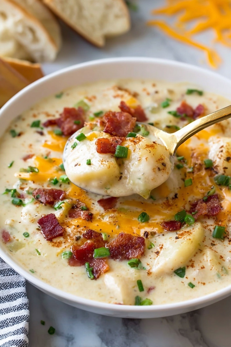 A white bowl filled with creamy, pale yellow soup, topped with small crispy pieces of reddish-brown bacon, shredded bright orange cheddar cheese, dollops of white sour cream, and scattered green onion slices. The soup surface is smooth with a few visible chunks, lightly sprinkled with dark brown spice powder. The bowl sits on a white marbled surface with a striped cloth and pieces of bread nearby. In the background, there is a second bowl with the same soup slightly blurred. Photo taken with an iphone --ar 2:3 --v 7