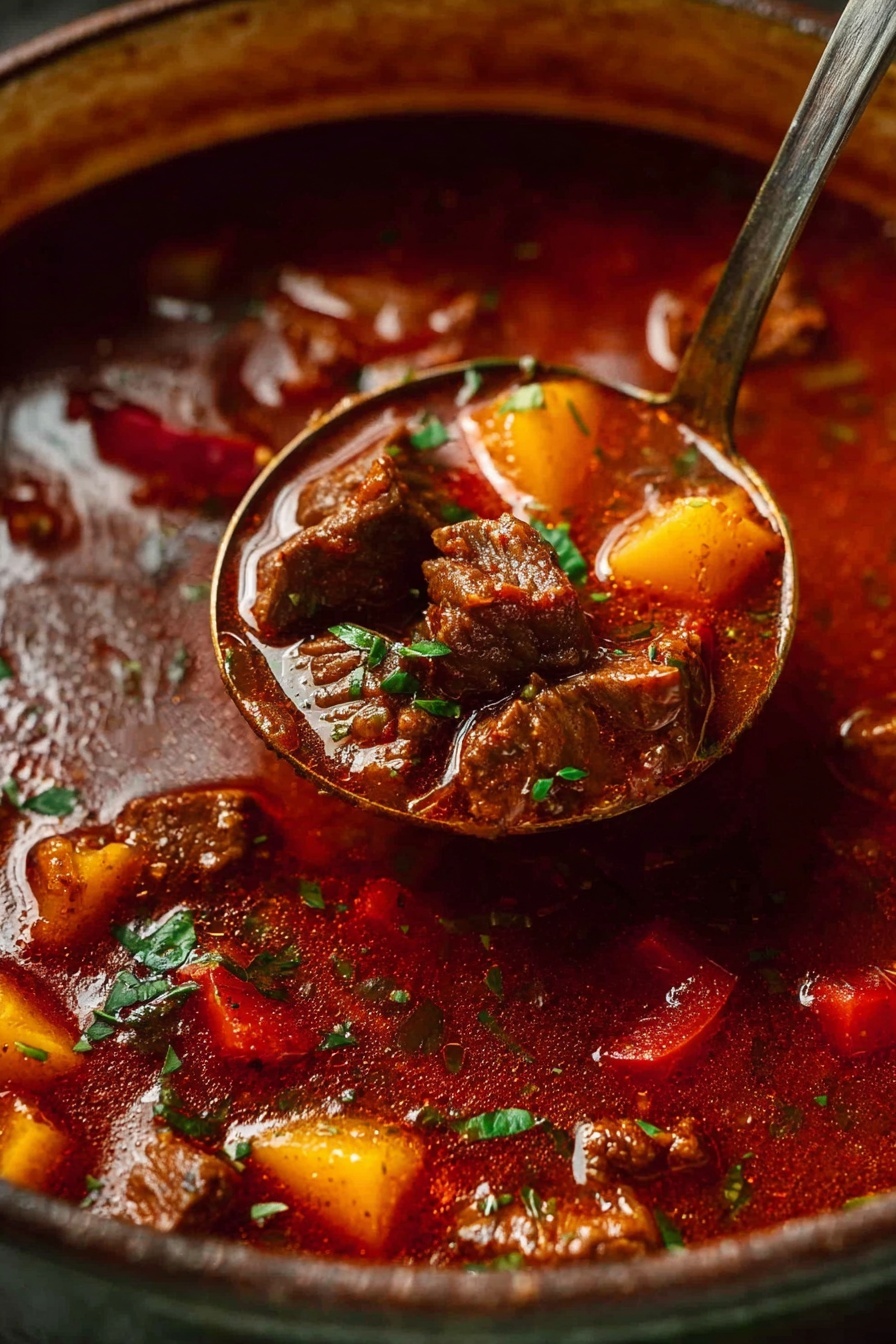 A close-up image of a ladle holding a thick, rich stew filled with chunks of brown meat, orange potato pieces, and red bell pepper slices, all mixed in a deep reddish-brown broth. The stew is garnished with small green herb leaves scattered on top. The ladle is inside a large pot with a dark, rustic-looking rim, and the background shows more stew with visible tender meat and vegetables submerged in the liquid. photo taken with an iphone --ar 2:3 --v 7