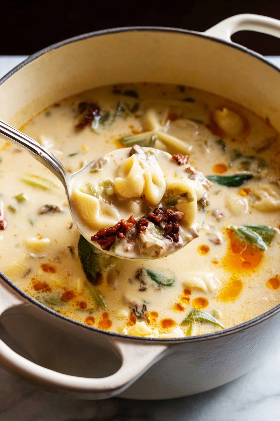 A close-up shot of a creamy soup in a white pot with a handle, filled with a thick, light beige broth containing small pasta pieces, bits of dark brown meat, and green leafy herbs. The soup also shows splashes of orange oil on the surface. A ladle is scooping the soup, holding a generous portion that highlights the creamy texture and the mix of ingredients. The pot is placed on a white marbled surface. photo taken with an iphone --ar 2:3 --v 7