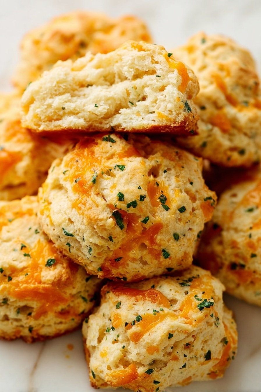 The image shows a close-up of seven round biscuits on a light gray baking tray. Each biscuit has a rough, slightly bumpy texture with visible bits of orange cheddar cheese inside and on top, giving them a speckled look. The biscuits are pale golden-brown with green herbs sprinkled evenly on the surface. The biscuits are not stacked, but spaced apart on the tray, showing their fluffy and slightly crumbly texture. The background is out of focus but appears to be a wooden surface. photo taken with an iphone --ar 2:3 --v 7