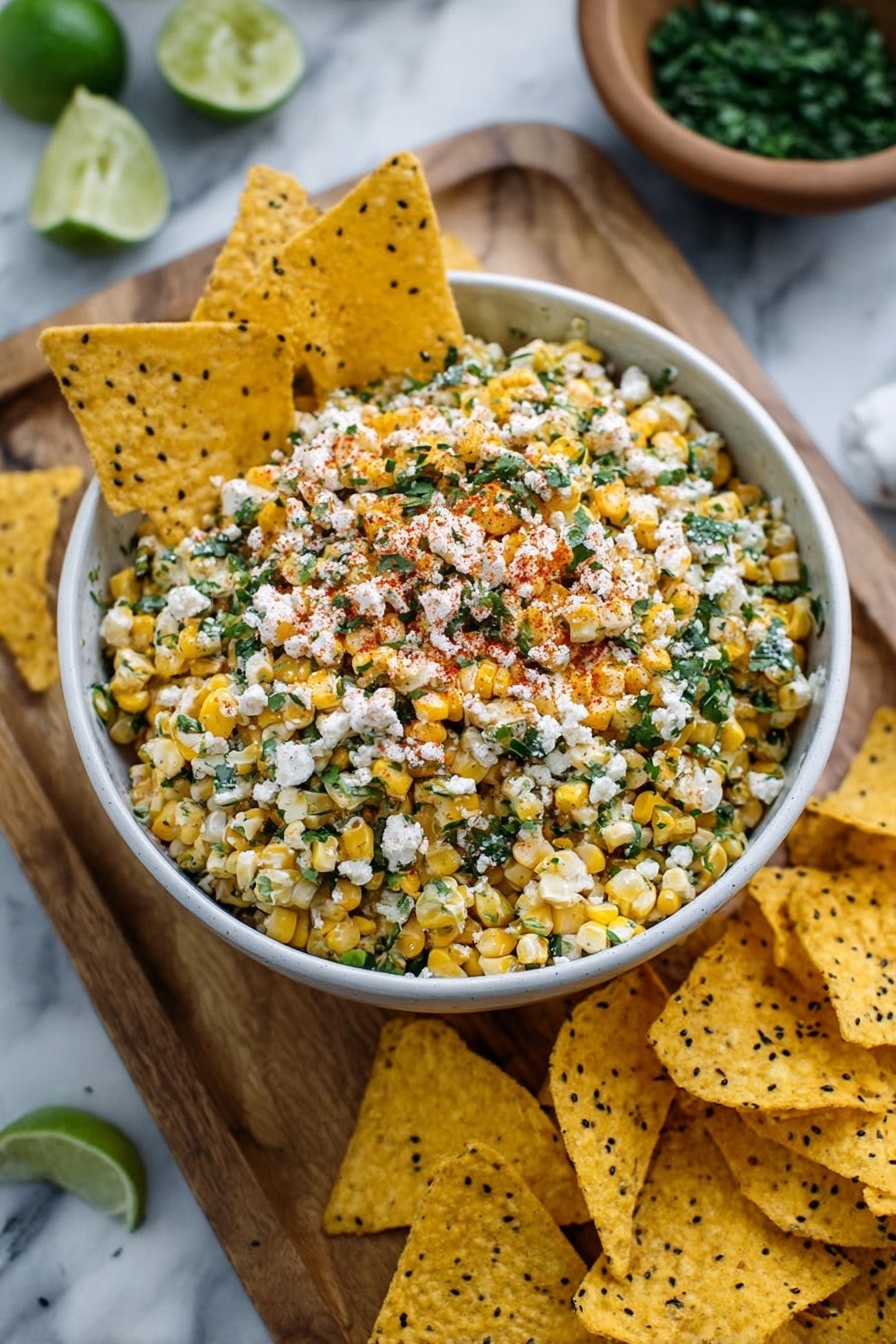 A white bowl filled with a colorful corn salad sits on a wooden board, surrounded by crunchy yellow tortilla chips with black sesame seeds. The corn salad has small yellow corn kernels mixed with green herbs layered throughout and topped with white crumbled cheese and a dusting of red spice. Two tortilla chips are placed sticking out of the corn salad on one side. In the background, there are lime wedges on a white marbled surface along with a small clay bowl filled with chopped green herbs. photo taken with an iphone --ar 2:3 --v 7