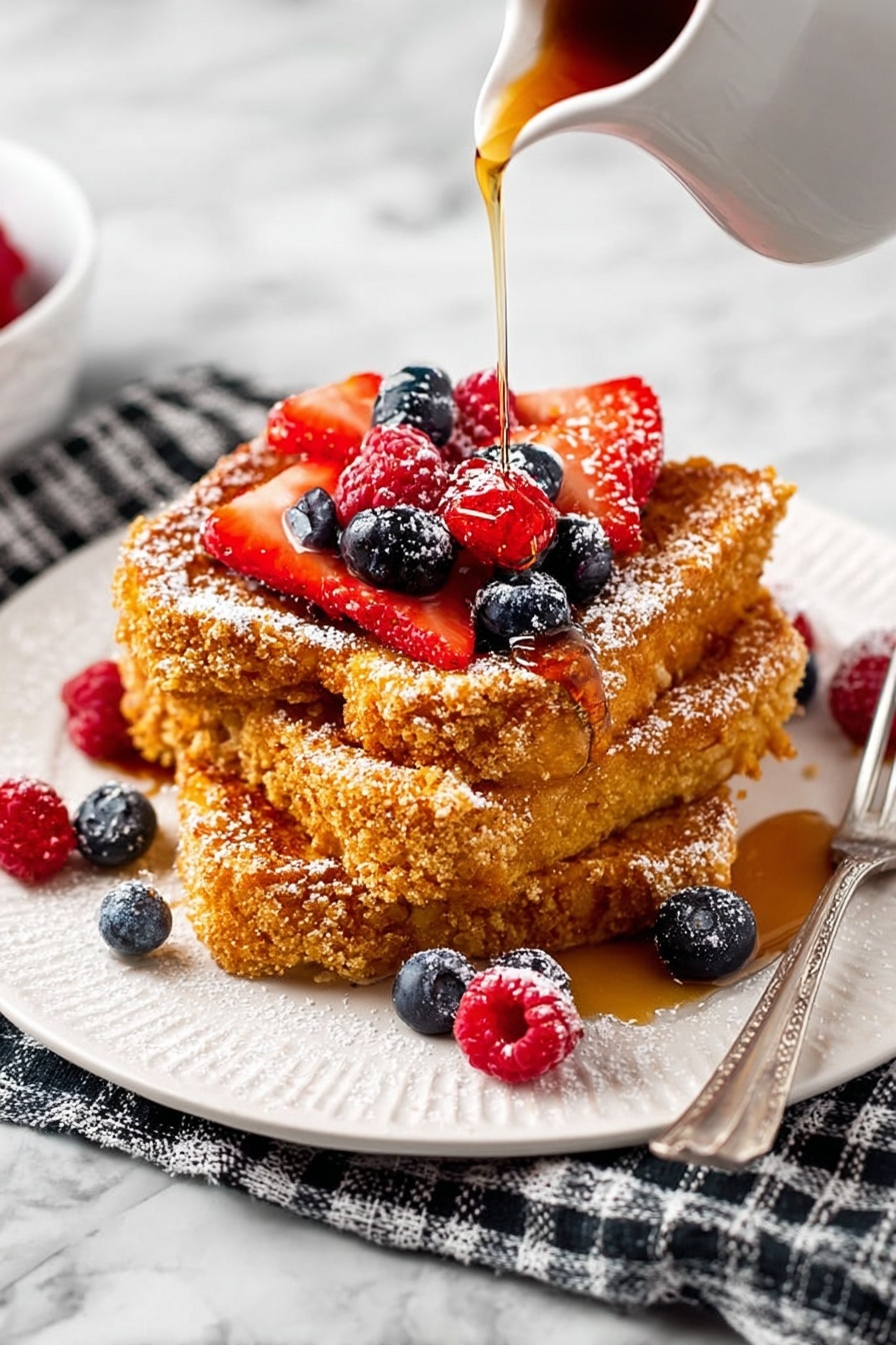Two thick pieces of golden-brown French toast are stacked in the center of a white plate on a white marbled surface. The top layer is covered with a mix of fresh berries including bright red strawberries (one sliced in half showing the inside), deep red raspberries, and round dark blue blueberries. Some berries spill onto the plate around the toast. Powdered sugar is sprinkled over the toast and berries like a light dusting of snow. A silver fork rests on the right side of the plate, and a small white bowl filled with more mixed berries is visible in the background. The scene is softly lit, showing the texture of the crispy toast and freshness of the fruit. Photo taken with an iphone --ar 2:3 --v 7