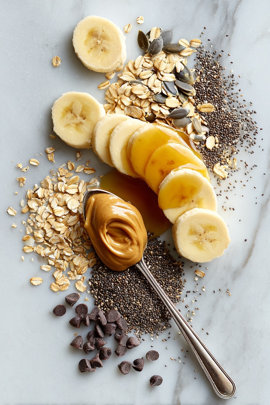 Flat lay of a ripe medium banana sliced in half, a small pile of golden rolled oats, mixed seeds including sunflower, pumpkin, and flax seeds scattered artfully, a spoonful of smooth natural peanut butter with a glossy texture, a drizzle of golden honey pooling slightly, a small heap of tiny dark chocolate chips, and a sprinkle of chia seeds and cinnamon dusted lightly around, placed on a white marble surface, photo taken with an iphone --ar 2:3 --v 7