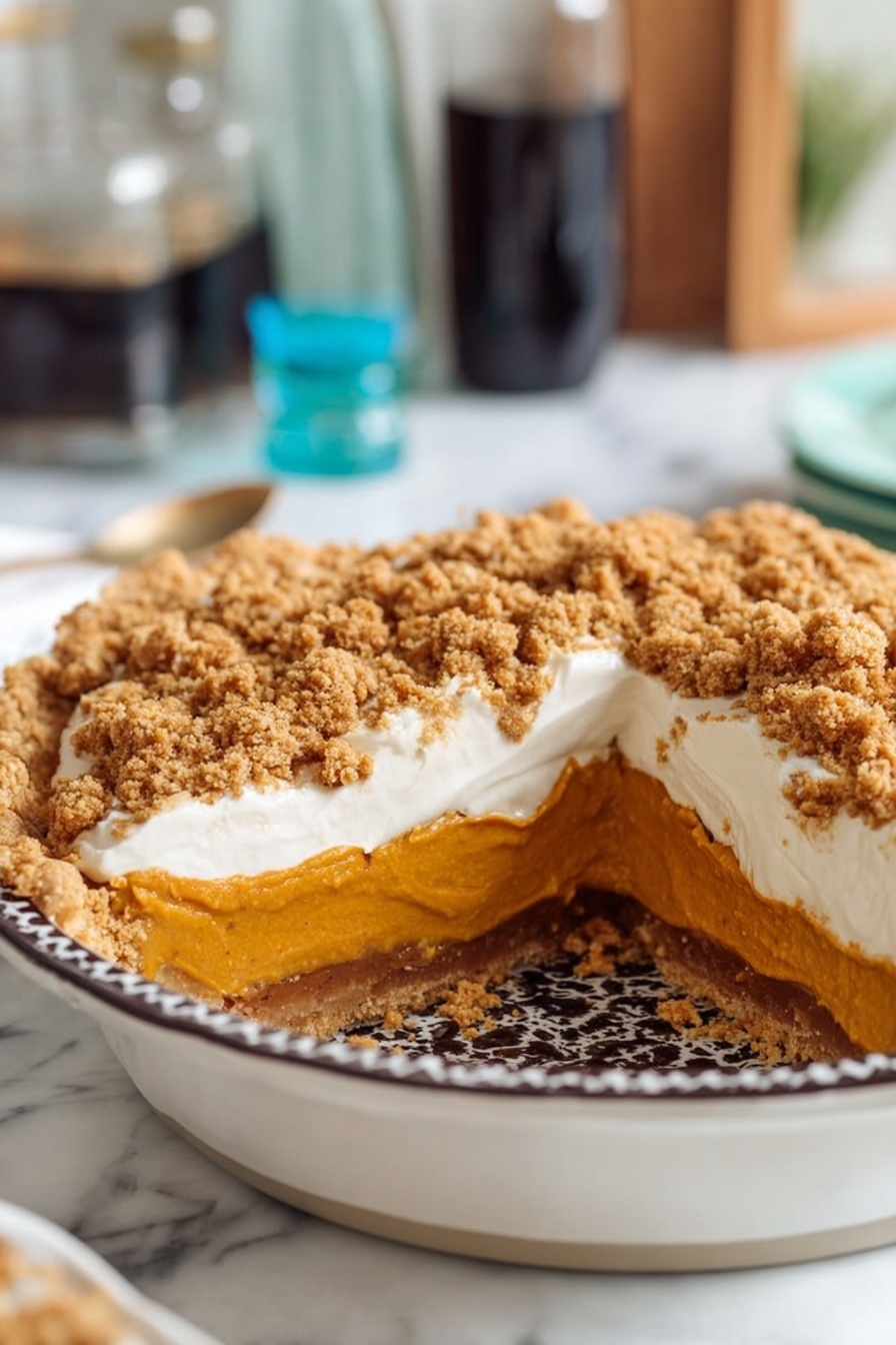A slice of pie is lifted showing four layers: a crispy golden crust with a slightly curled edge on the bottom and sides, a deep orange smooth pumpkin filling above it, a thick white fluffy whipped cream layer next, and a top layer of chunky brown crumb topping with tiny bits around. The pie sits in a white baking dish with a wavy edge, placed on a white marbled surface. The photo focuses closely on the pie slice and part of the pie pan, capturing the textures of the layers and crumbs clearly. photo taken with an iphone --ar 2:3 --v 7