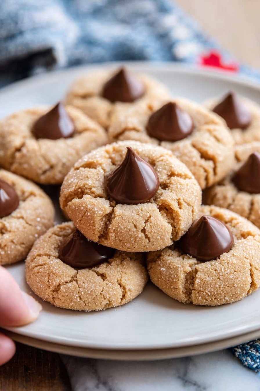 A close-up view of several round light brown cookies on a white plate, each with a textured cracked surface and a dark brown smooth chocolate drop placed in the center on top. The cookies have a rough sugar coating that gives a sparkling look. The plate is set on a white marbled surface with a blue and white cloth nearby, and a woman's hand holding one cookie is visible in the background. photo taken with an iphone --ar 2:3 --v 7