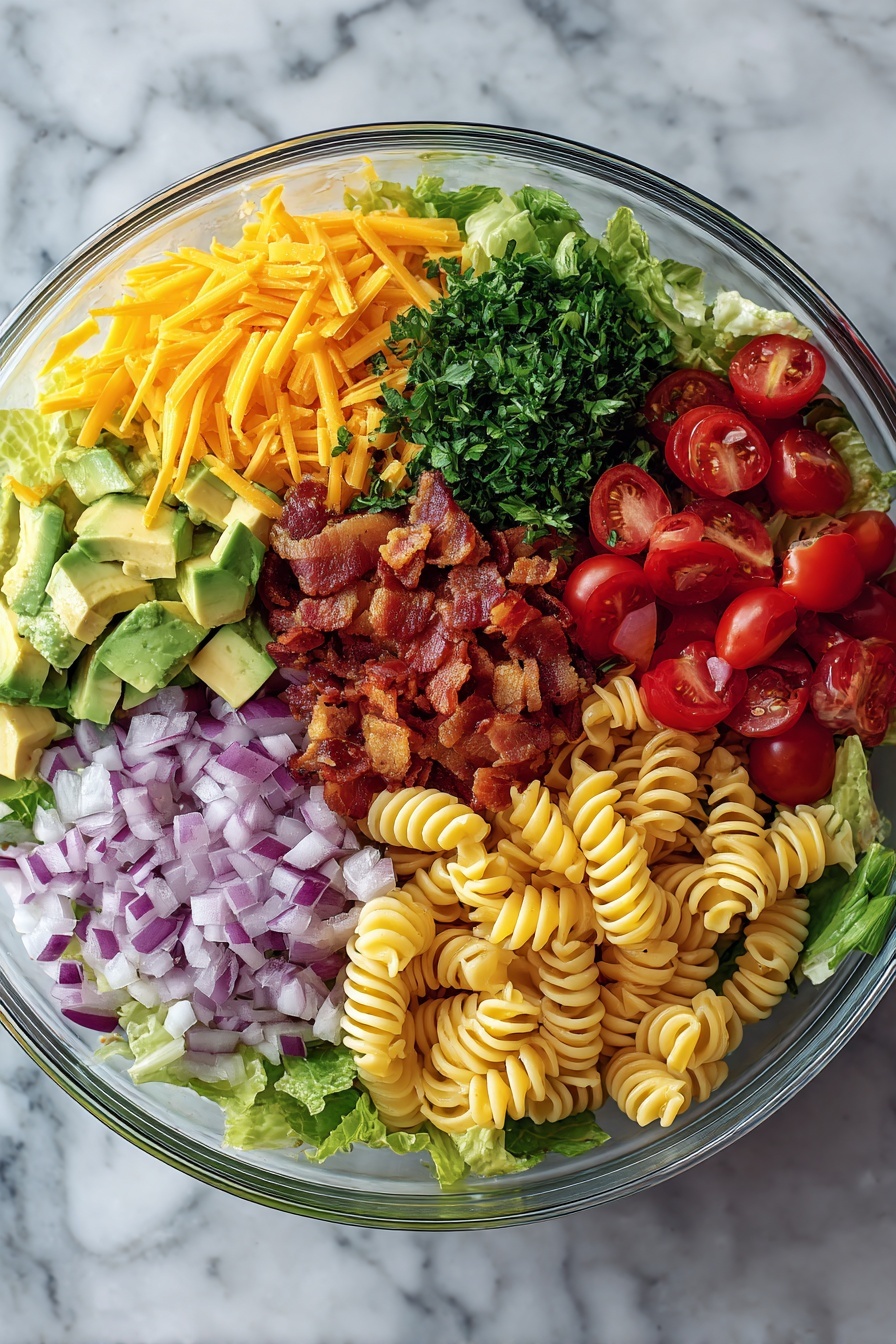 Flat lay of cooked rotini pasta, crispy chopped bacon, finely diced red onion, cheddar cheese cubes, ripe avocado pieces, halved cherry tomatoes, torn romaine lettuce leaves, and freshly chopped parsley arranged beautifully on a white marble surface, photo taken with an iphone --ar 2:3 --v 7