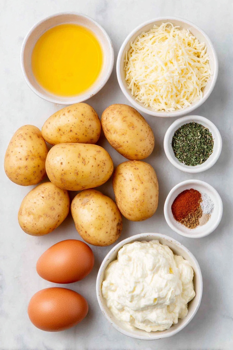 Flat lay of fresh halved baby potatoes with smooth tan skins, small white ceramic bowl of melted golden butter, small white ceramic bowl filled with grated Parmesan cheese, small white ceramic bowls containing dried oregano, garlic powder, onion powder, salt, and freshly ground black pepper, whole smooth-shelled brown eggs, and a small white ceramic bowl of creamy ranch dip, all arranged symmetrically on a clean white marble surface, soft natural light, photo taken with an iPhone, professional food photography style, fresh ingredients, white ceramic bowls, no bottles, no duplicates, no utensils, no packaging --ar 2:3 --v 7 --p awthu7i m7354615311229779997