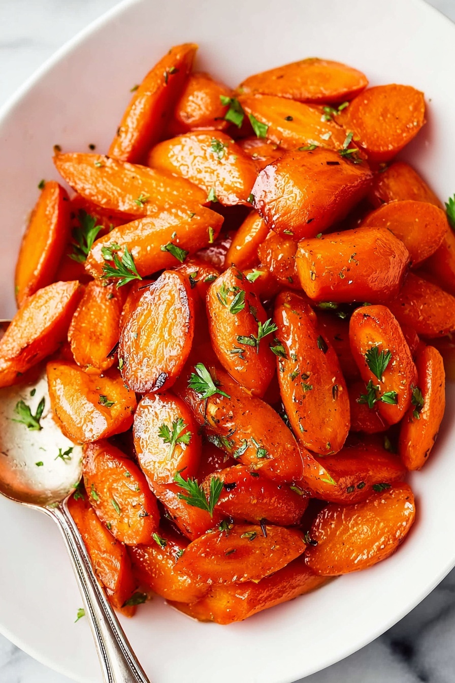 The image shows a white plate filled with shiny cooked carrots that are cut into medium-sized pieces with a smooth, glossy texture. The carrots have a bright orange color with some darker, slightly caramelized spots. Small green parsley leaves are scattered on top, adding a touch of fresh color. A silver spoon is partially visible at the bottom left of the plate. The plate sits on a white marbled surface. photo taken with an iphone --ar 2:3 --v 7
