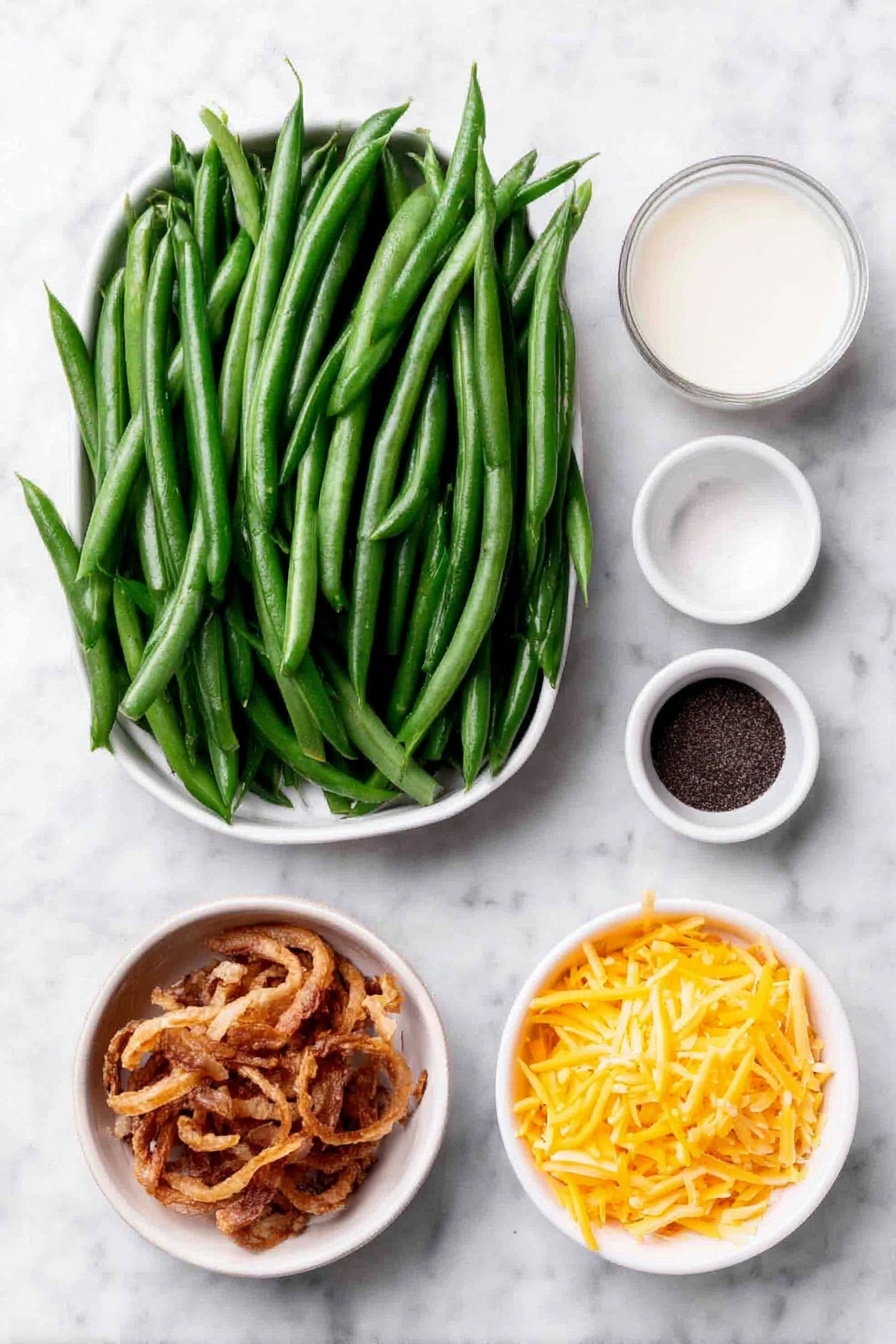 Flat lay of fresh green beans trimmed and cut into bite-size pieces arranged neatly, a small white bowl filled with creamy mushroom soup, a small white bowl of milk, a small white bowl containing Worcestershire sauce, a small white bowl of ground black pepper, a small pile of crispy fried onion strings, a small mound of sharp shredded cheddar cheese, all placed in perfect symmetry on a clean white marble surface, soft natural light, photo taken with an iPhone, professional food photography style, fresh ingredients, white ceramic bowls, no bottles, no duplicates, no utensils, no packaging --ar 2:3 --v 7 --p awthu7i m7354615311229779997
