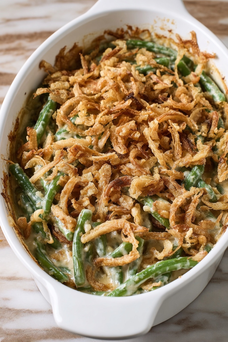 A white baked dish filled with green beans in a creamy sauce, topped with a crunchy layer of golden brown fried onions. The green beans are mixed evenly through the creamy base, while the crispy fried onions cover the top in a textured, slightly crumbly layer. The edges of the creamy mixture show hints of browning from baking, and the dish sits on a white marbled surface. Photo taken with an iphone --ar 2:3 --v 7