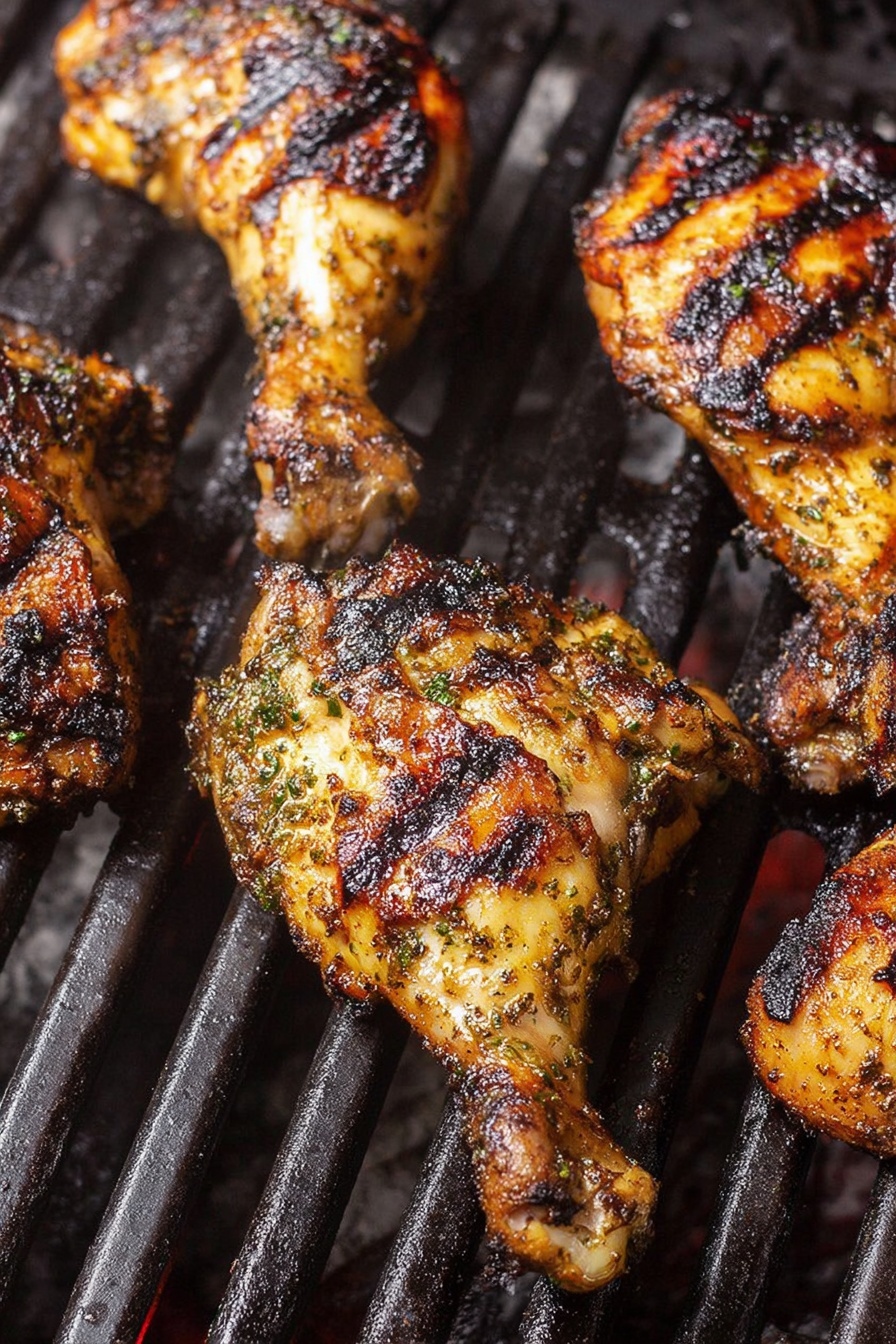 Several pieces of grilled chicken with dark brown and black char marks are cooking on black metal grill bars. The chicken skin appears crispy and golden with some green herb seasoning visible. The close-up image shows different cuts, including legs and thighs, spaced evenly on the grill. The background is a white marbled texture. Photo taken with an iphone --ar 2:3 --v 7