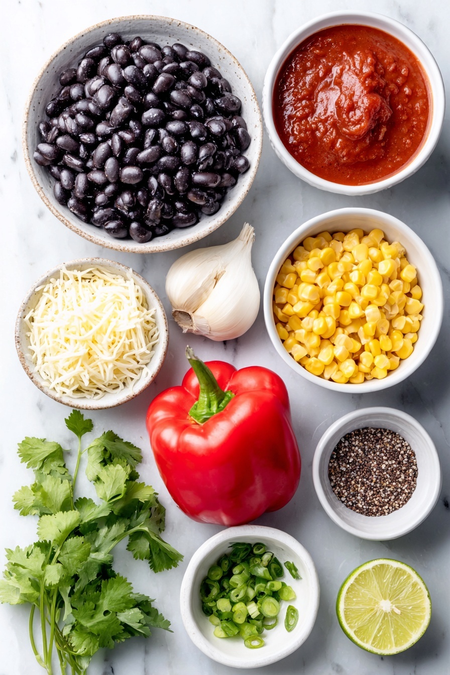 Flat lay of uncooked quinoa grains in a small white ceramic bowl, half a small white onion whole and unpeeled, two garlic cloves with papery skins intact, one bright red bell pepper with seeds removed and diced pieces arranged neatly beside it, a small white bowl of rinsed black beans, a small white bowl filled with deep red enchilada sauce, a small white bowl of diced fresh tomatoes, a small white bowl of chopped green chiles, a small white bowl of bright yellow frozen corn kernels, one whole small lime cut in half showing juicy interior, a small white bowl with ground cumin powder, a small white bowl with chili powder, a small white bowl holding fresh green cilantro leaves, a few whole black peppercorns and coarse salt crystals scattered tastefully, a small white bowl with shredded Mexican cheese, placed on a clean white marble surface, soft natural light, photo taken with an iPhone, professional food photography style, fresh ingredients, white ceramic bowls, no bottles, no duplicates, no utensils, no packaging --ar 2:3 --v 7 --p awthu7i m7354615311229779997