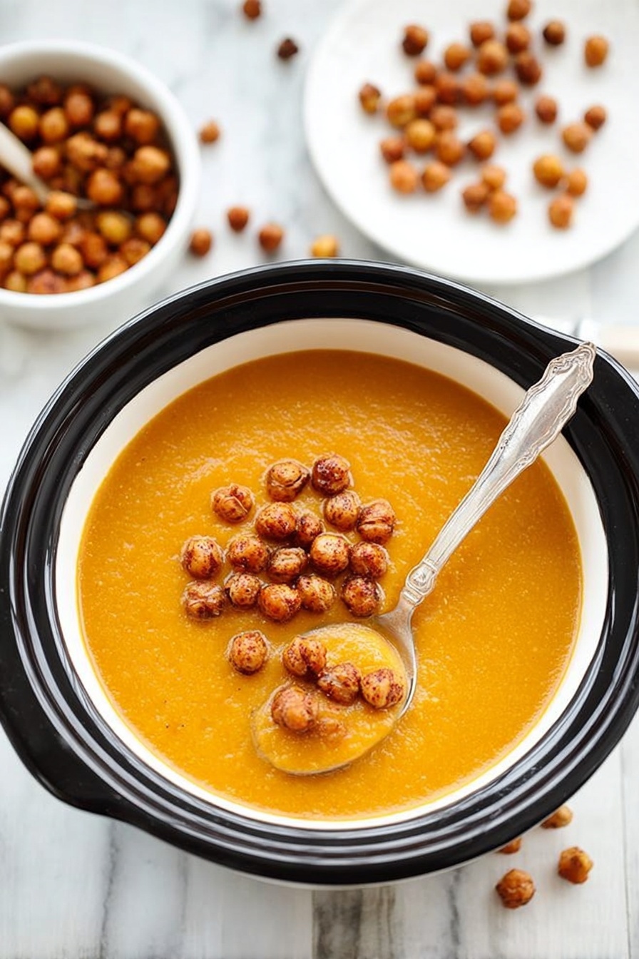 A white cup filled with smooth orange soup topped with a small pile of browned roasted chickpeas in the center, with another similar cup blurred in the background, all set on a white marbled surface with a silver spoon nearby. Photo taken with an iphone --ar 2:3 --v 7