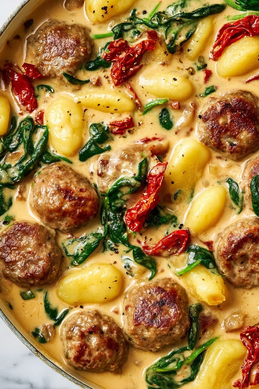 This close-up image shows a creamy dish with 3 main layers: round browned meatballs with a slightly rough texture spread evenly throughout, oval yellow gnocchi pieces with a smooth surface nestled between the meatballs, and bright green wilted spinach leaves peeking out in different spots. The creamy sauce is light tan and thick, coating all the ingredients evenly and showing small black pepper specks. Bright red pieces of sun-dried tomatoes add contrast, scattered on top of and between the other layers. The entire dish rests on a white marbled surface. Photo taken with an iphone --ar 2:3 --v 7