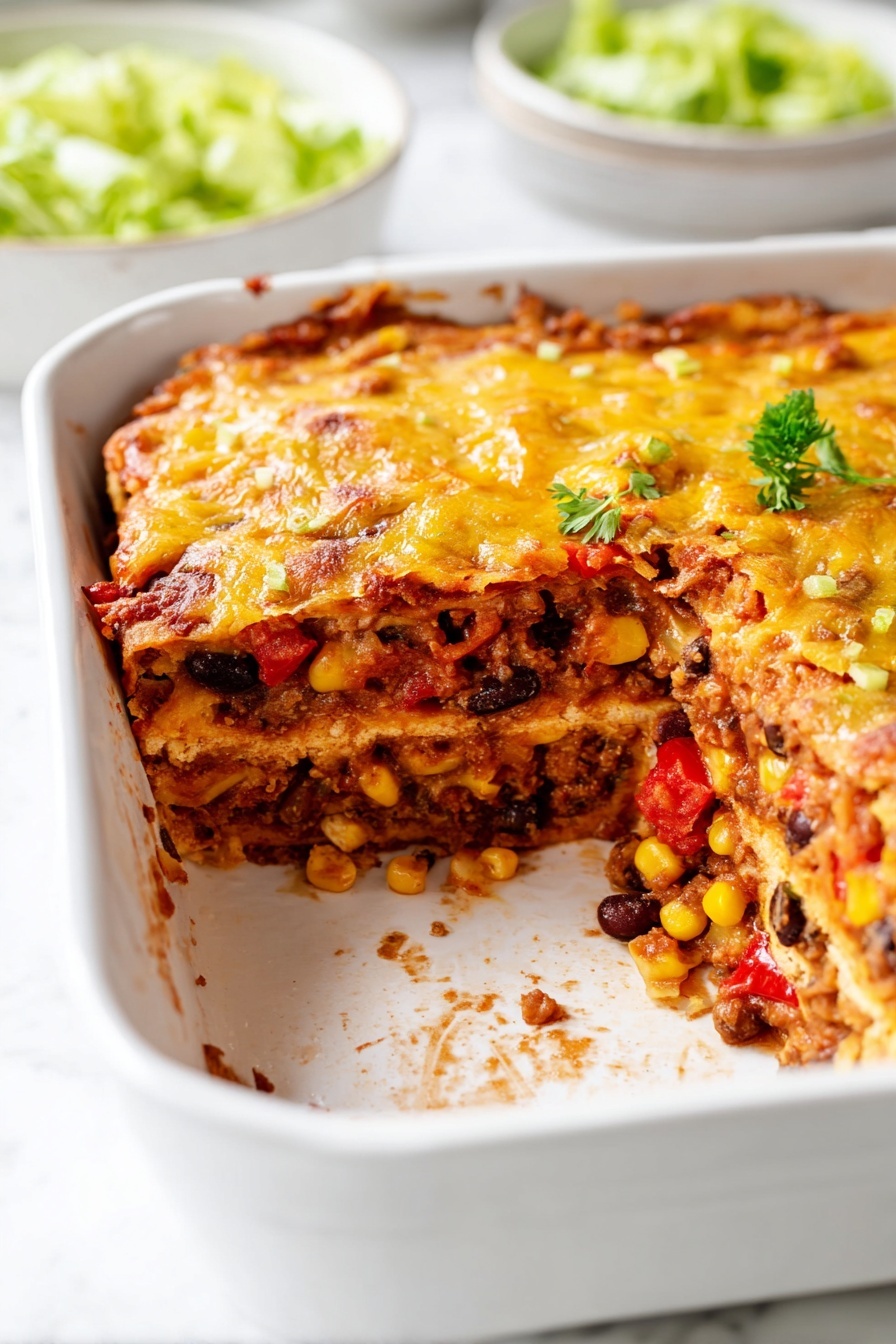 The image shows a close-up view of a baked dish in a white rectangular ceramic pan with one slice removed. The dish has three clear layers: the bottom layer is a dense, golden-brown base mixed with small bits of red and yellow ingredients; the middle layer is thicker and contains chunks of black beans, corn, and red bell peppers, giving it a colorful, textured look; the top layer is covered with melted yellow cheese that looks bubbly and slightly browned in places. The background features a blurred plate with green leafy salad on a white marbled surface. Photo taken with an iphone --ar 2:3 --v 7