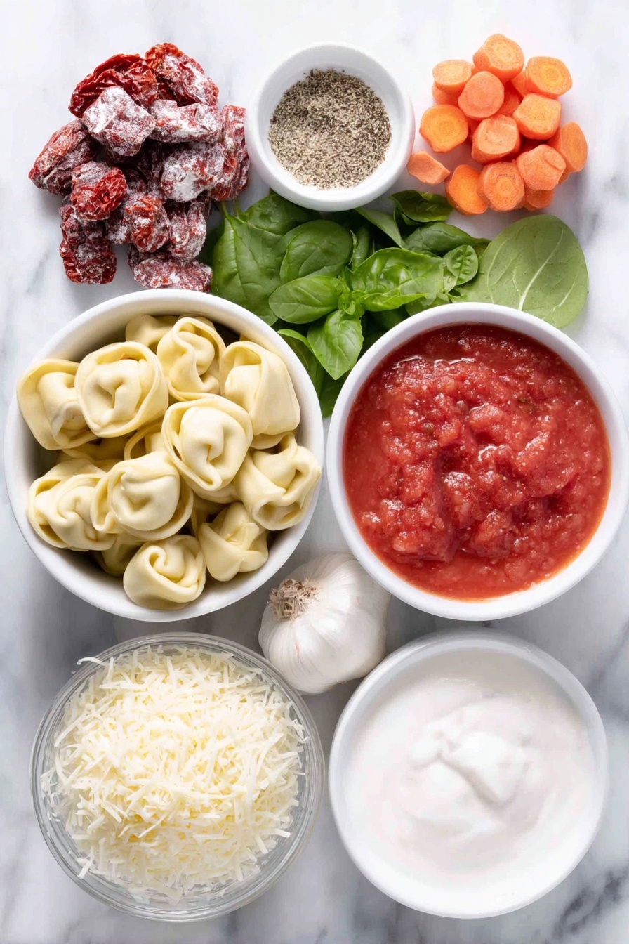 Flat lay of a small pile of sun-dried tomatoes with Italian seasoning, a handful of frozen sliced carrots, a small heap of minced fresh garlic, a small white bowl with Italian seasoning, a simple white bowl filled with vegetable broth, a simple white bowl containing smooth tomato sauce, a handful of fresh spinach and cheese tortellini, a small mound of frozen chopped spinach, a small white bowl of heavy cream, a small pile of freshly grated parmesan cheese, and a few fresh chopped basil leaves, all neatly arranged with perfect symmetry on a clean white marble surface, soft natural light, photo taken with an iPhone, professional food photography style, fresh ingredients, white ceramic bowls, no bottles, no duplicates, no utensils, no packaging --ar 2:3 --v 7 --p m7354615311229779997
