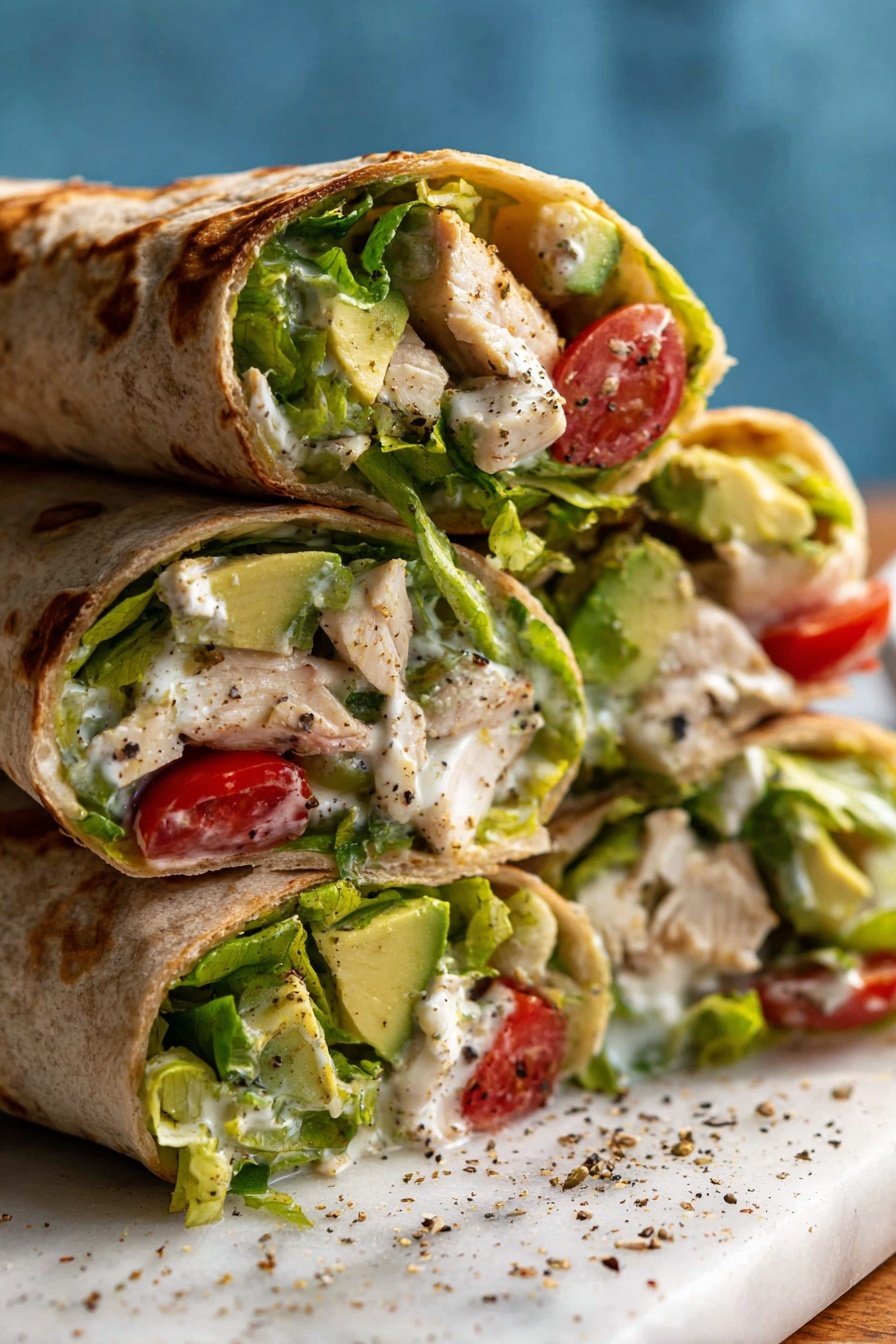 The image shows a close-up of several wraps stacked on each other, each wrap showing three visible layers inside: the outer light brown, slightly charred, crispy tortilla wrap layer; the middle layer filled with bright green lettuce and avocado pieces with a fresh, bumpy texture; and the inner layer containing white chunks of cooked chicken, halved red cherry tomatoes, and creamy white sauce drizzled throughout, speckled with black pepper. The wraps sit on a white marbled surface which also has scattered bits of black pepper, with a blue blurred background. Photo taken with an iphone --ar 2:3 --v 7