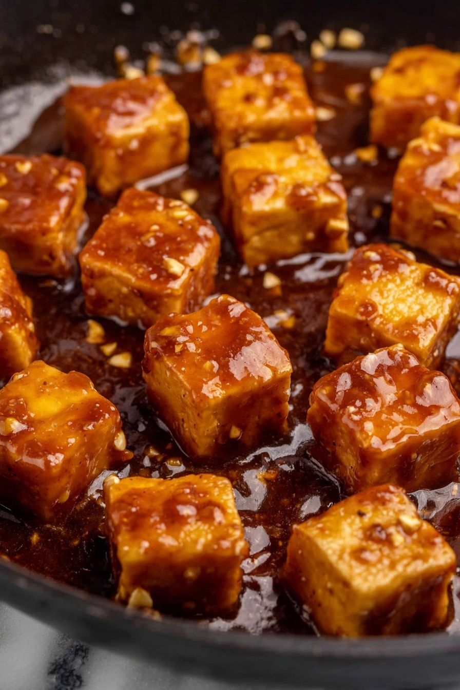 Crispy Orange Tofu - The image shows many small, golden brown tofu cubes in a black pan, covered with a thick, shiny, dark brown sauce with small bits of garlic or seasoning scattered in it. The tofu cubes have a slightly crispy texture on the outside and are evenly coated with the sauce, which pools a little at the bottom of the pan. The background is a white marbled surface. photo taken with an iphone --ar 2:3 --v 7