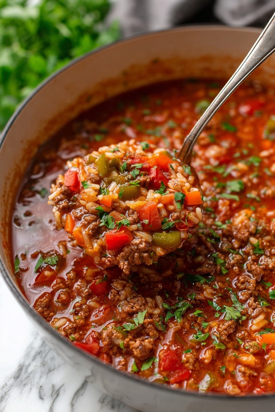 A close-up view of a ladle filled with a rich stew showing three main layers: a wet, red tomato broth at the bottom, a middle layer with soft white rice mixed with small chunks of cooked ground meat and diced red and green bell peppers, and a top layer sprinkled with fresh green parsley. The stew inside a white pot brings out the mix of colors and textures, with the shiny metal ladle lifting the portion, showing the stew’s warm steam and moist consistency. The background is a white marbled texture photo taken with an iphone --ar 2:3 --v 7