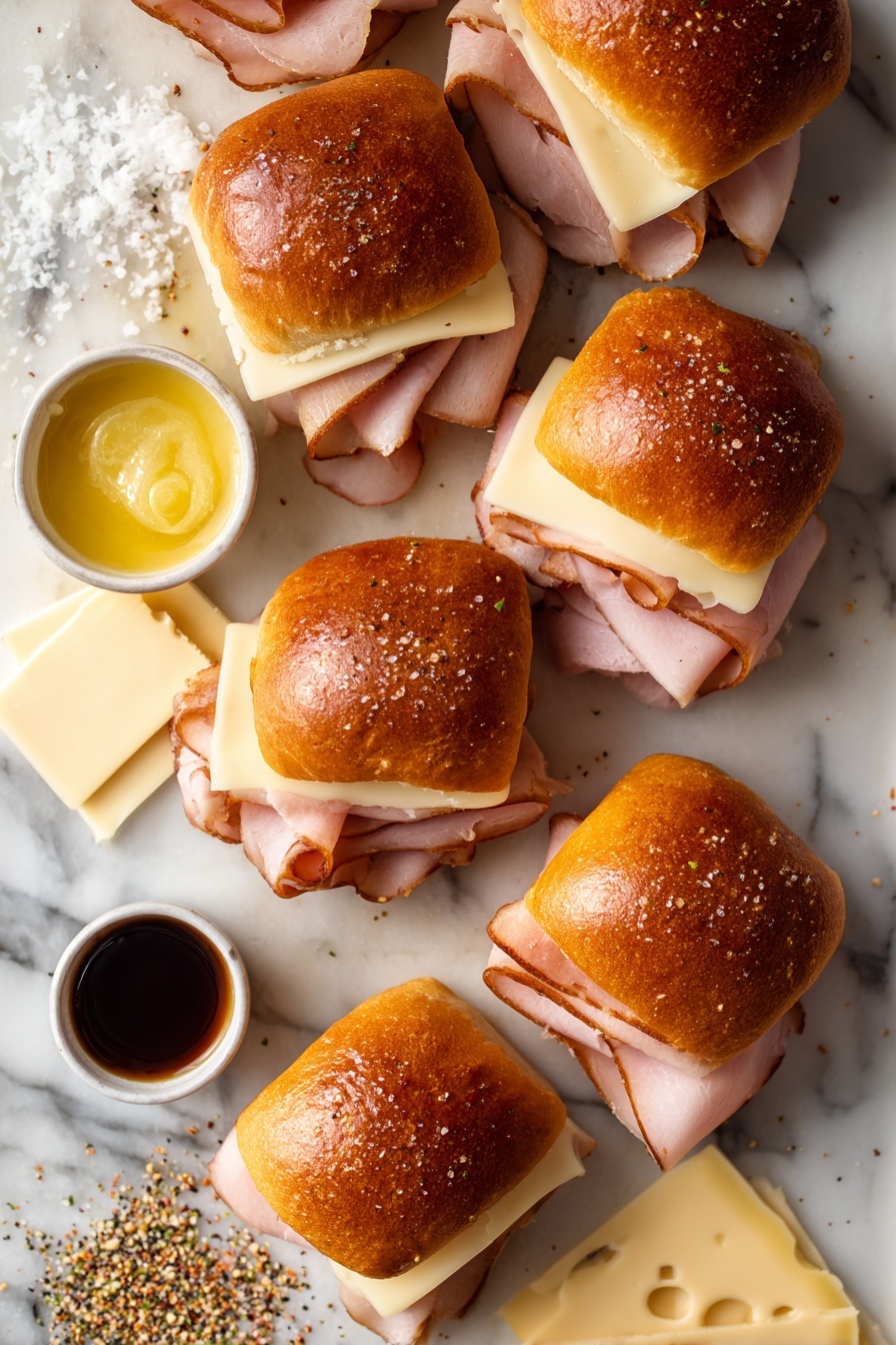 Flat lay of soft, shiny Hawaiian rolls with a golden brown crust, thin slices of deli turkey arranged in gentle folds, smooth slices of Swiss cheese with characteristic holes, a small dish of melted butter gleaming under light, a dollop of pale yellow Dijon mustard, a glossy dark Worcestershire sauce spill, and a sprinkle of colorful everything bagel seasoning scattered artistically, all placed on a white marble surface, photo taken with an iphone --ar 2:3 --v 7