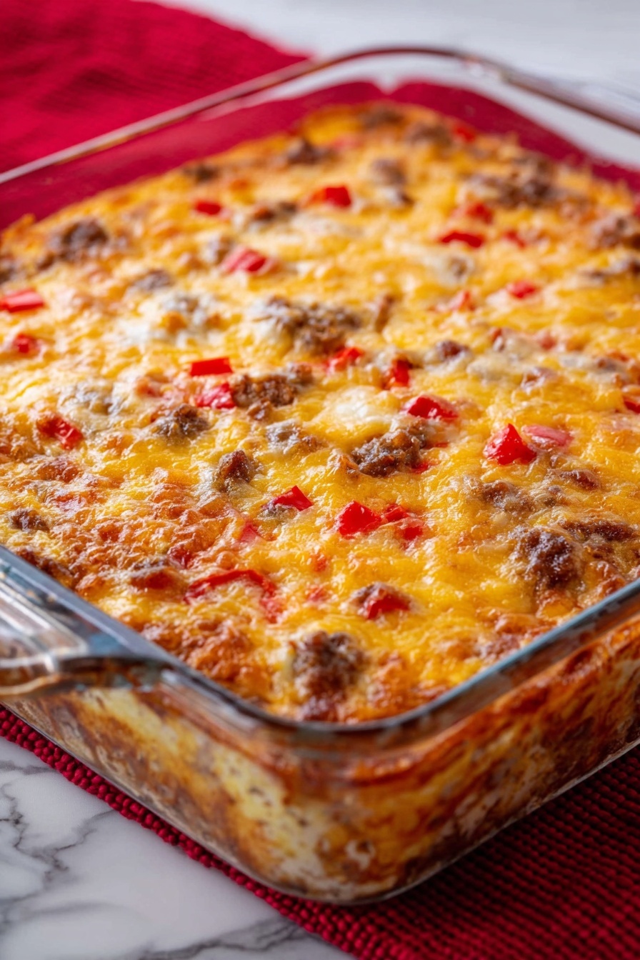 The image shows a square glass baking dish filled with a baked casserole that has a golden-brown cheesy top layer. The top layer is melted cheese with patches of browned spots and small pieces of red bell pepper and browned bits of meat visible throughout. Below the glass sides, the casserole reveals a dense texture with mixed ingredients. The dish sits on a white marbled surface with a red cloth underneath the baking dish. Photo taken with an iphone --ar 2:3 --v 7