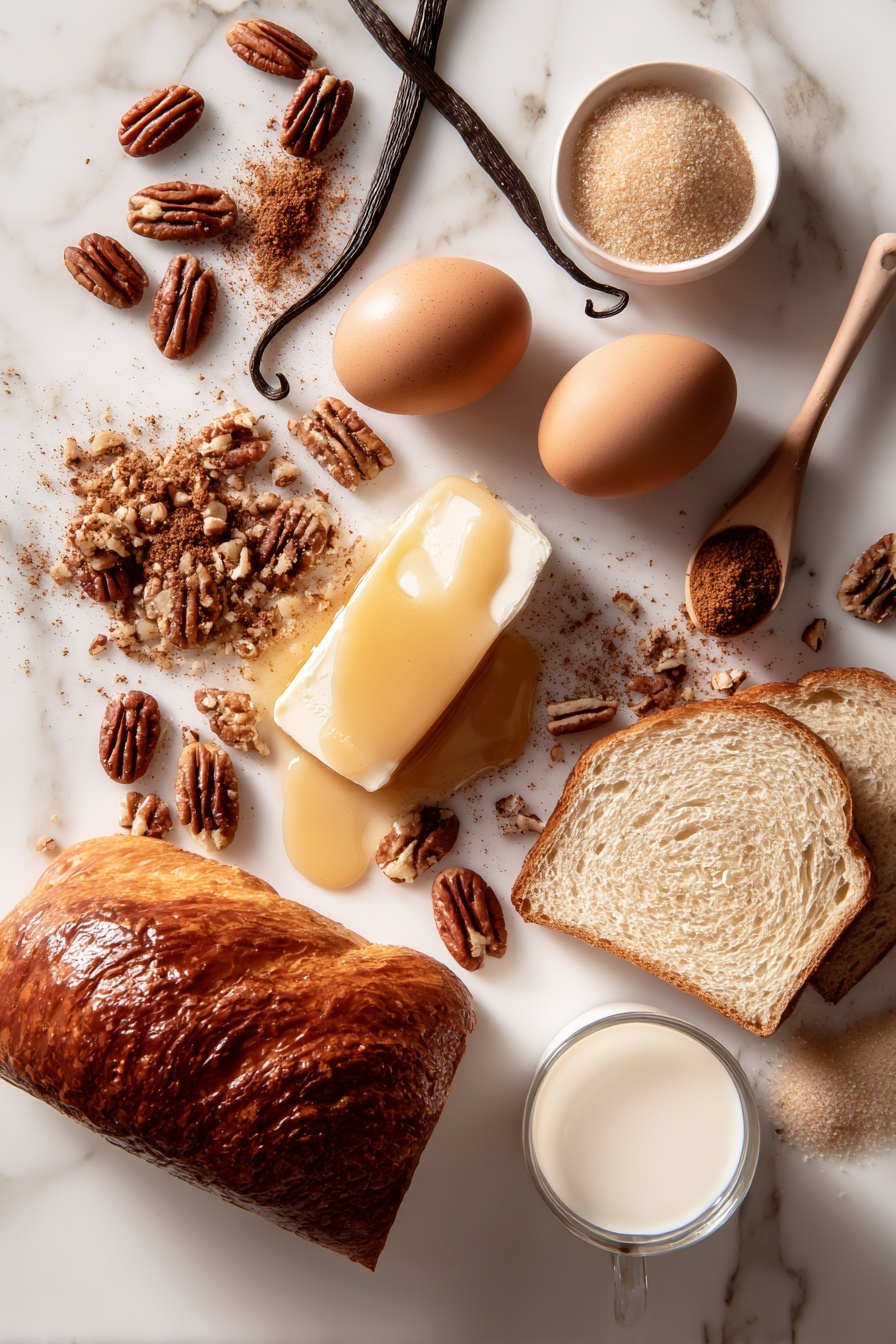 Flat lay of pecan pieces scattered near a small pile of brown sugar and a drizzle of maple syrup elegantly pooled, a split vanilla bean pod resting beside whole eggs and a thick slice of golden challah bread showing its soft, fluffy texture, a small pat of creamy butter melting slightly, a sprinkle of warm cinnamon powder, and a small glass of rich heavy cream gently catching the light, all placed on a white marble surface, photo taken with an iphone --ar 2:3 --v 7