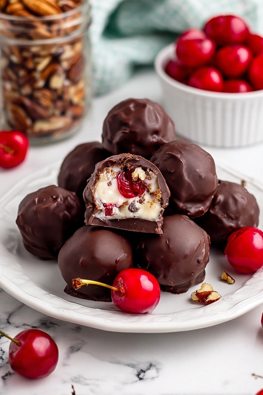 A close-up image shows several round chocolate-covered balls stacked on a white plate with a delicate cut-out edge. One ball is cut in half at the center of the frame, revealing the inside layers: a creamy white filling mixed with shredded coconut strands and bright red cherry pieces, along with small nut bits embedded near the outer dark chocolate shell. The smooth, shiny dark chocolate coating contrasts with the textured, moist filling inside. The background features a white marbled surface. Photo taken with an iphone --ar 2:3 --v 7