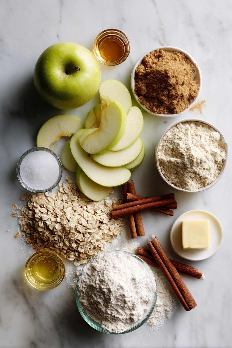 Flat lay of fresh sliced apples with cinnamon sticks, a small pile of old fashioned oats, a mound of packed brown sugar, a scoop of granulated white sugar, a pat of melted butter shimmering slightly, a heap of all-purpose flour, and a small glass bottle of vanilla extract, arranged beautifully on a white marble surface, photo taken with an iphone --ar 2:3 --v 7